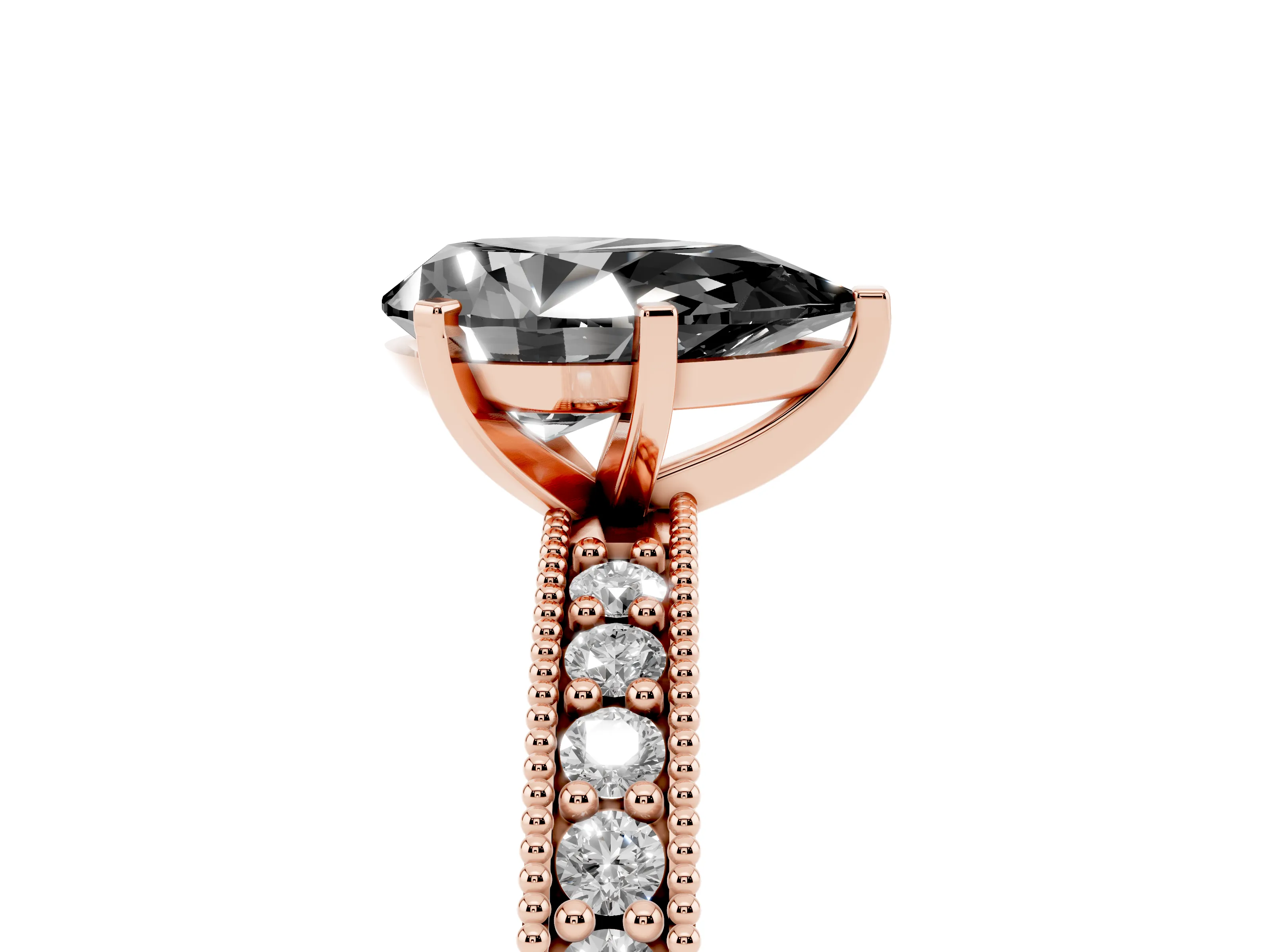 Fancy Black Pear Cut Diamond Milgrain Pavé Engagement Ring Set in Rose gold with Prong Setting