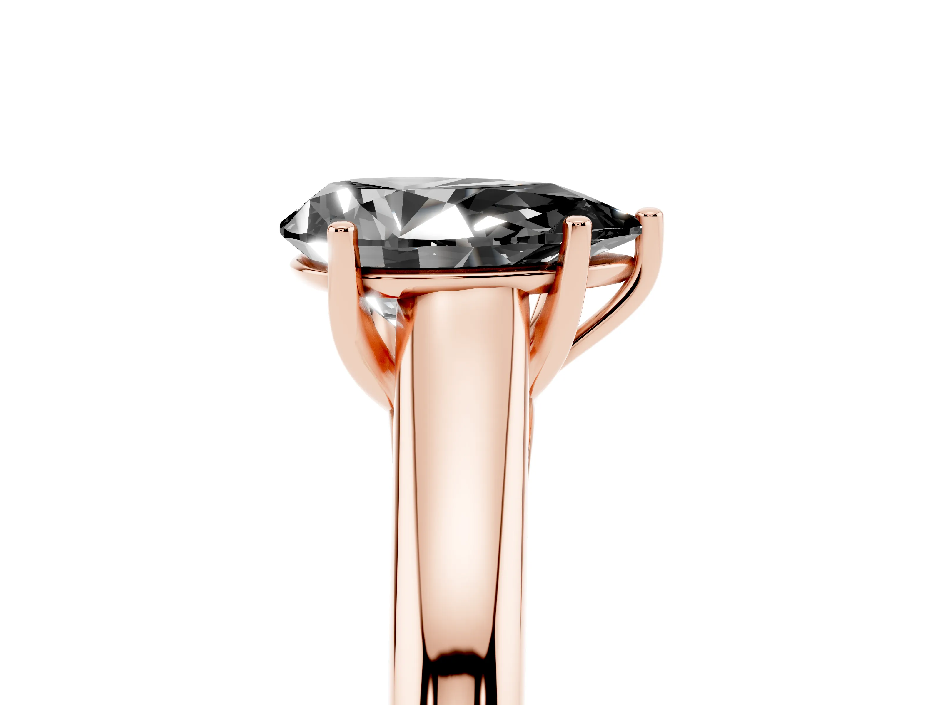 Fancy Black Pear Cut Diamond Solitaire Engagement Ring Set in Rose gold with Subtly Tapered Band and Prong Setting