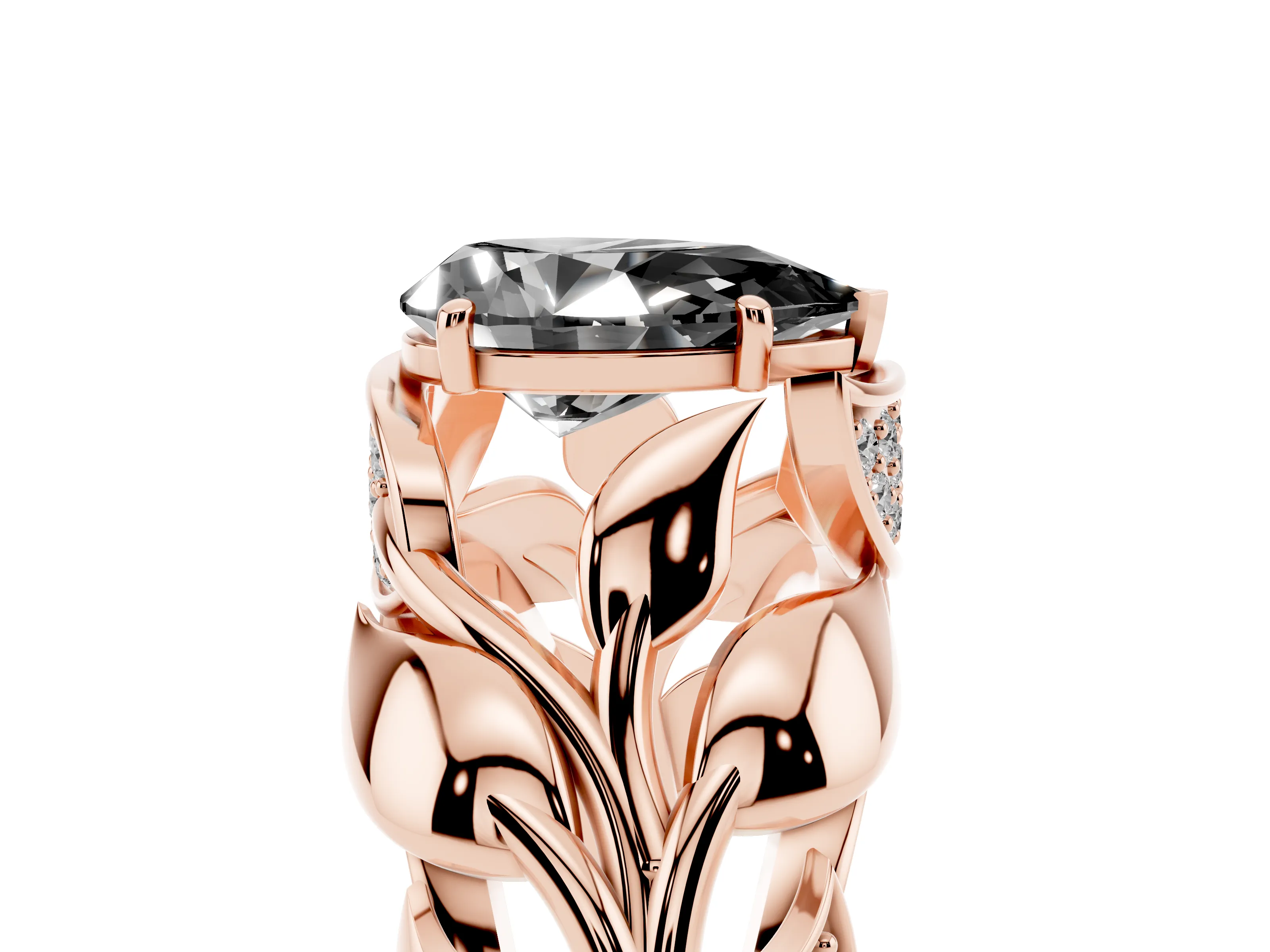 Fancy Black Pear Cut Diamond Leaf-Inspired Engagement Ring Set in Rose gold with Round Accents