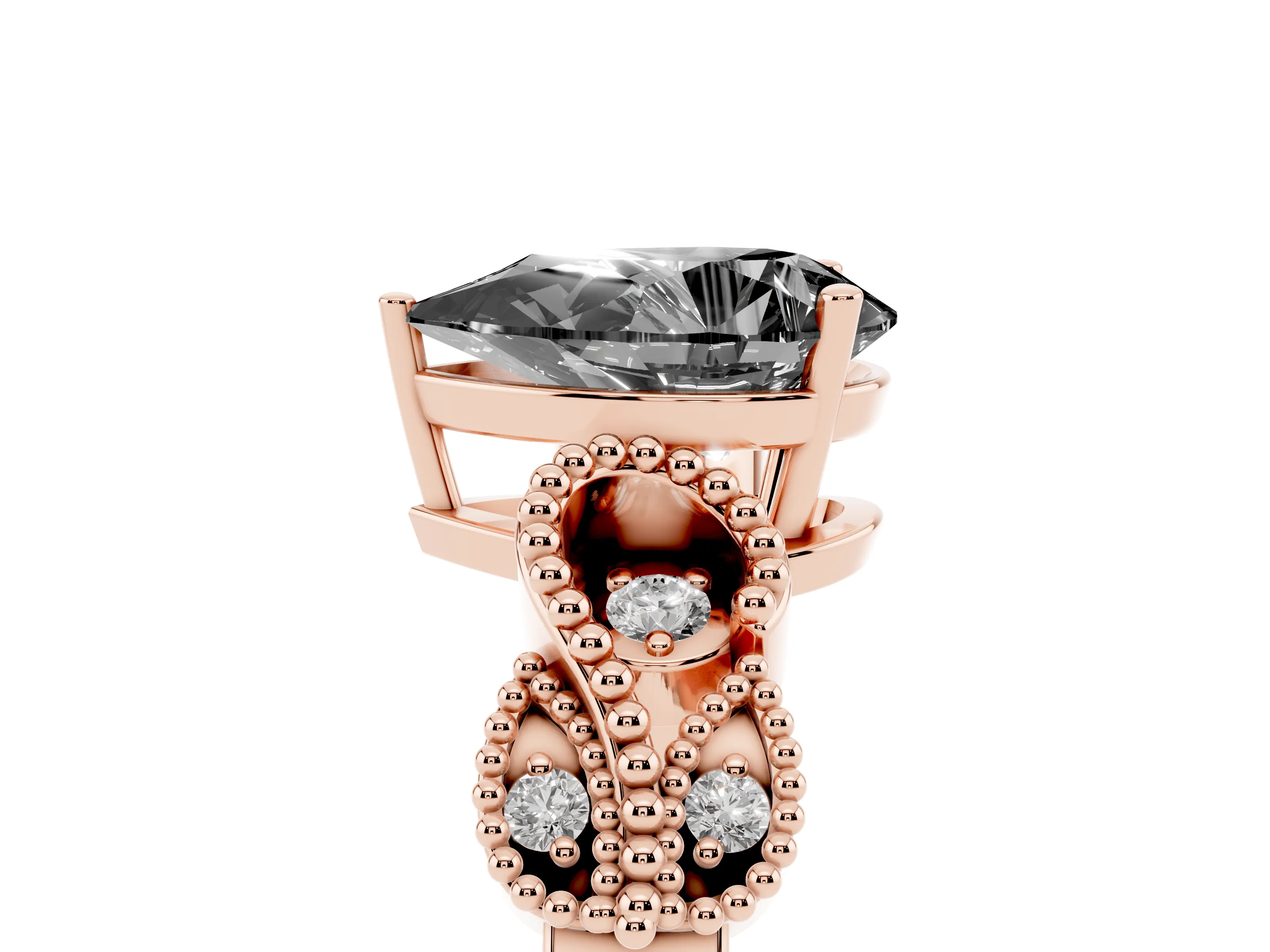 Fancy Black Pear Cut Diamond Milgrain Leaf Band Solitaire Ring Set in Rose gold with Accent Stones and Prong Setting