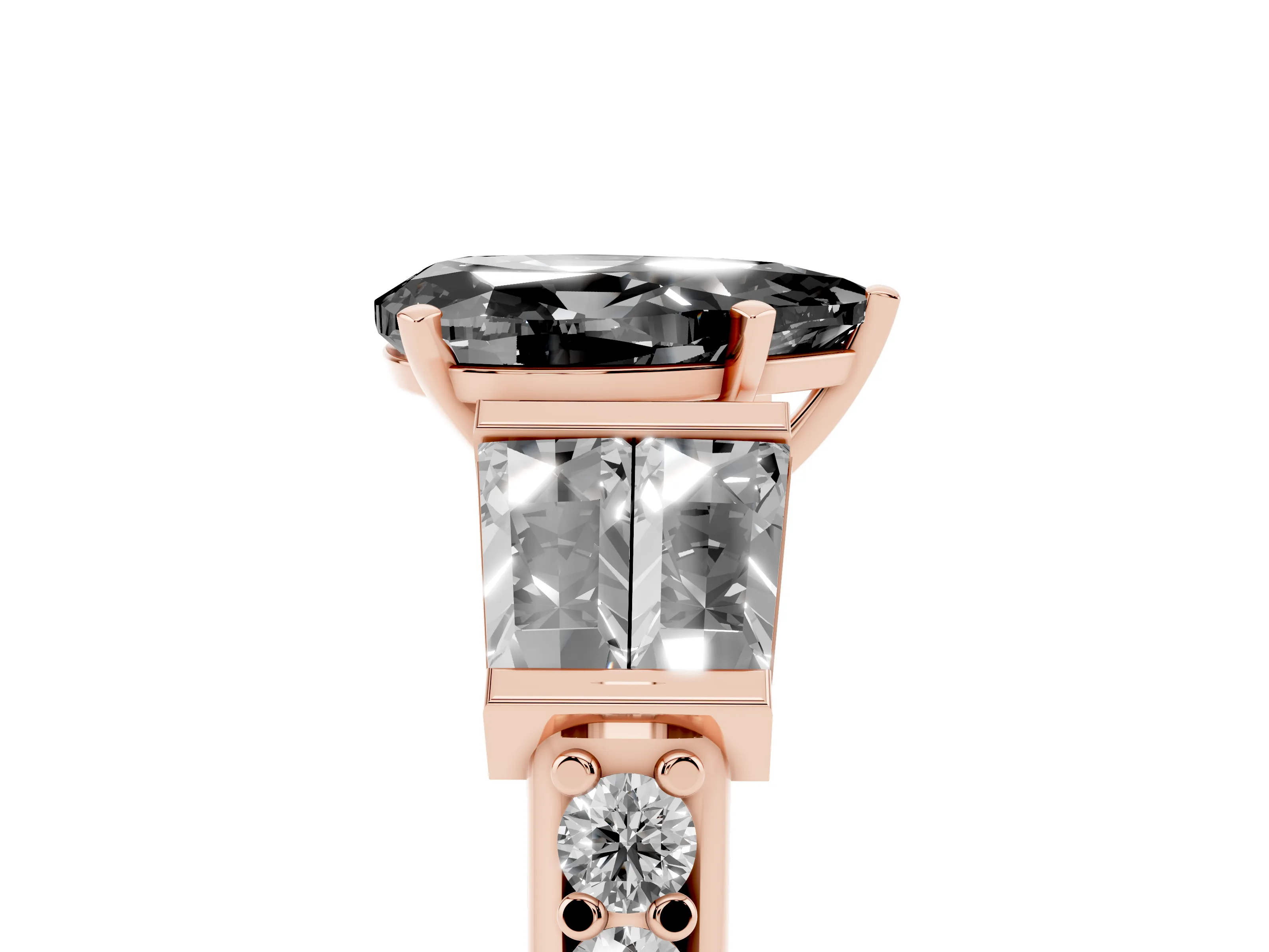 Fancy Black Pear Cut Diamond Engagement Ring Set in Rose gold with Baguette Side Stones and Channel Set Band