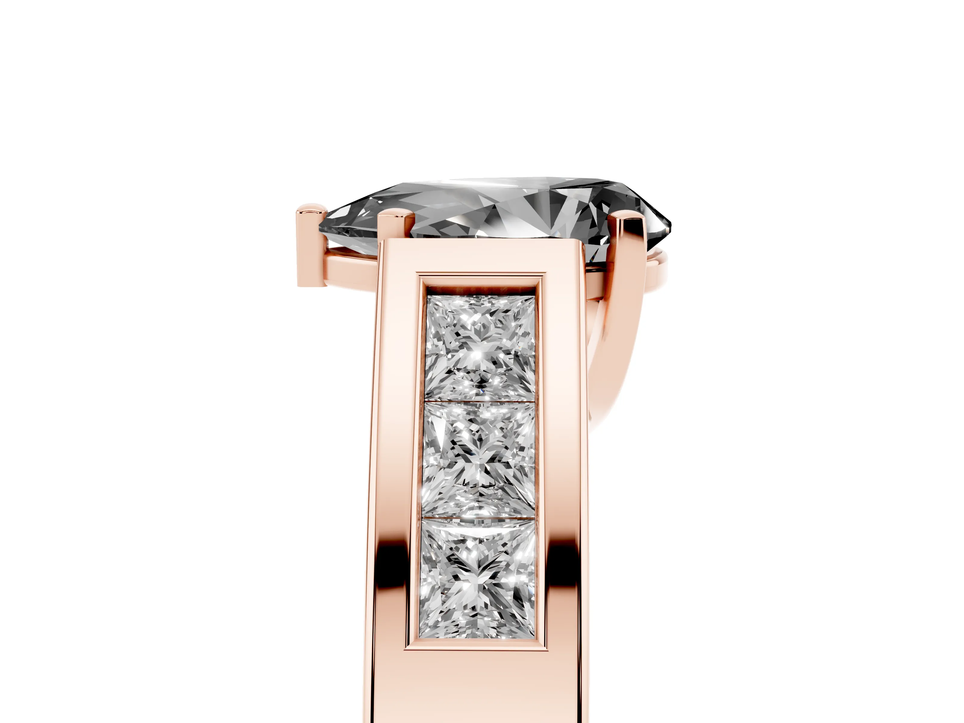 Fancy Black Pear Cut Diamond Solitaire Ring Set in Rose gold with Channel-Set Accent Stones and Prong Setting