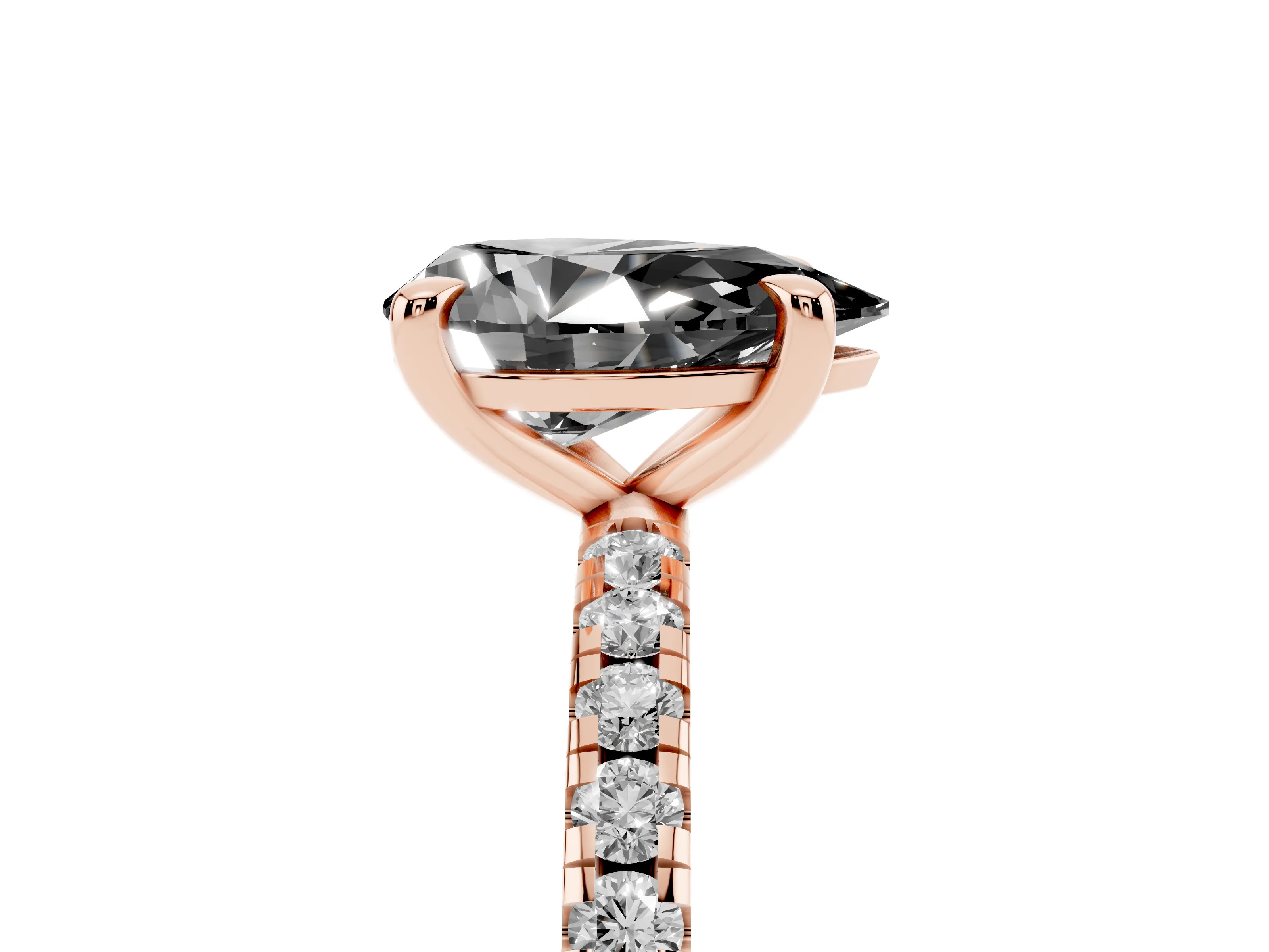 Fancy Black Pear Cut Diamond Brilliant Solitaire Ring Set in Rose gold with Pavé Band and Prong Setting