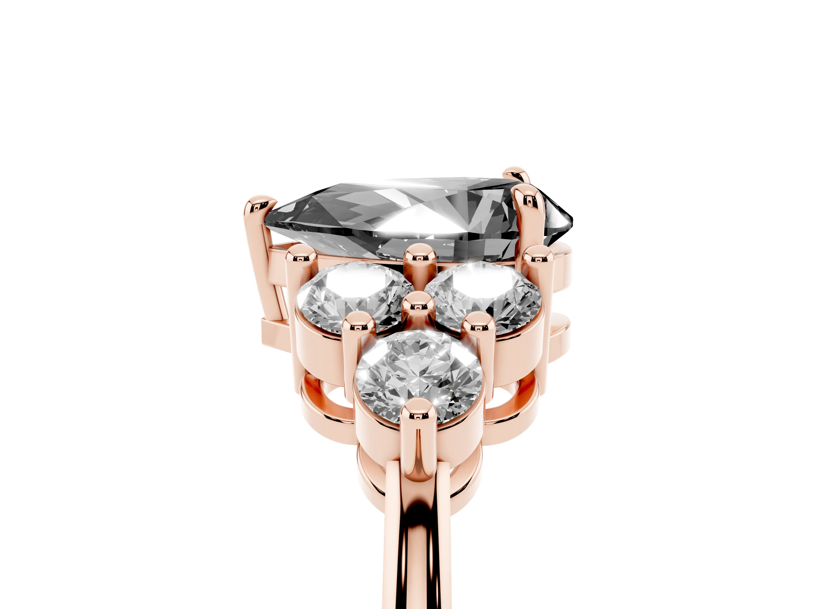 Fancy Black Pear Cut Diamond Solitaire Ring Set in Rose gold with Cluster Accents on Each Side