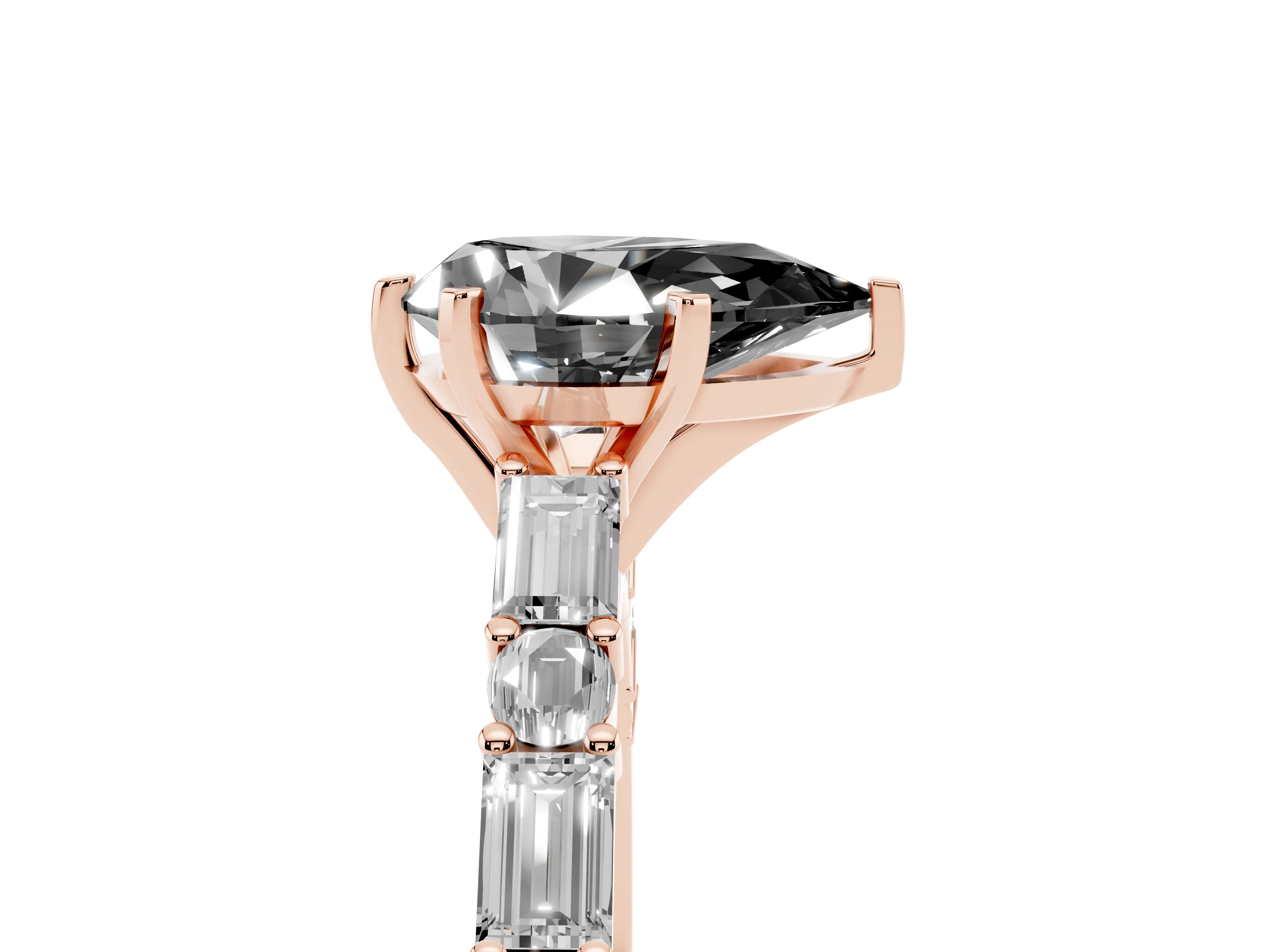 Fancy Black Pear Cut Diamond Solitaire Set in Rose gold with Side Baguettes and Channel Set Band