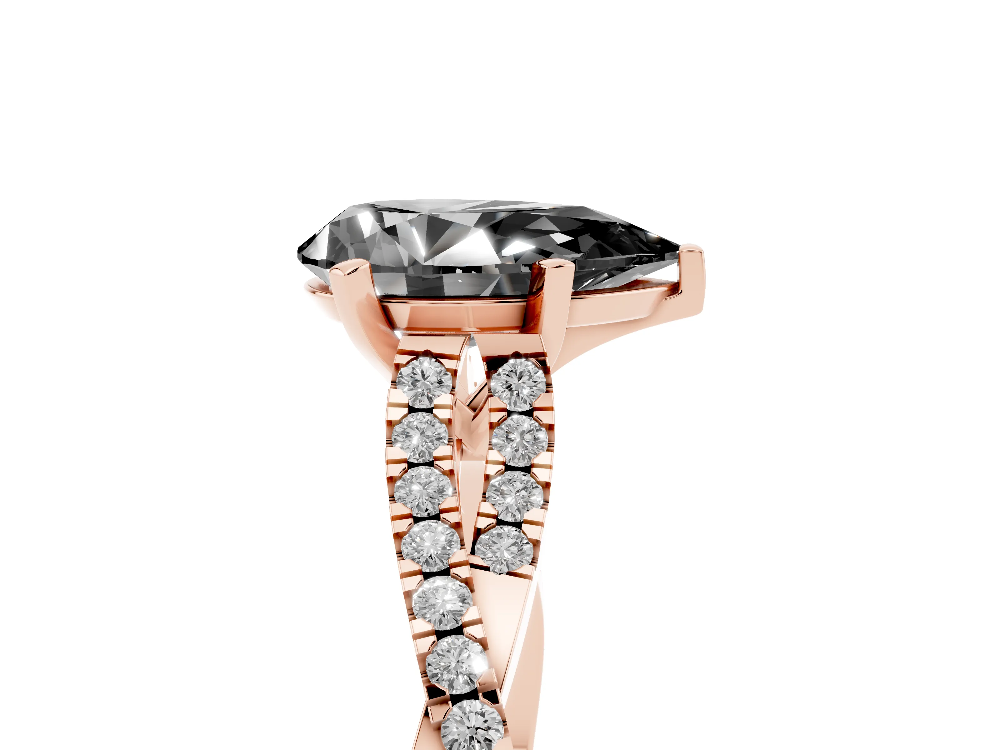 Fancy Black Pear Cut Diamond Solitaire Engagement Ring Set in Rose gold with Twisted Pavé Band and Prong Setting