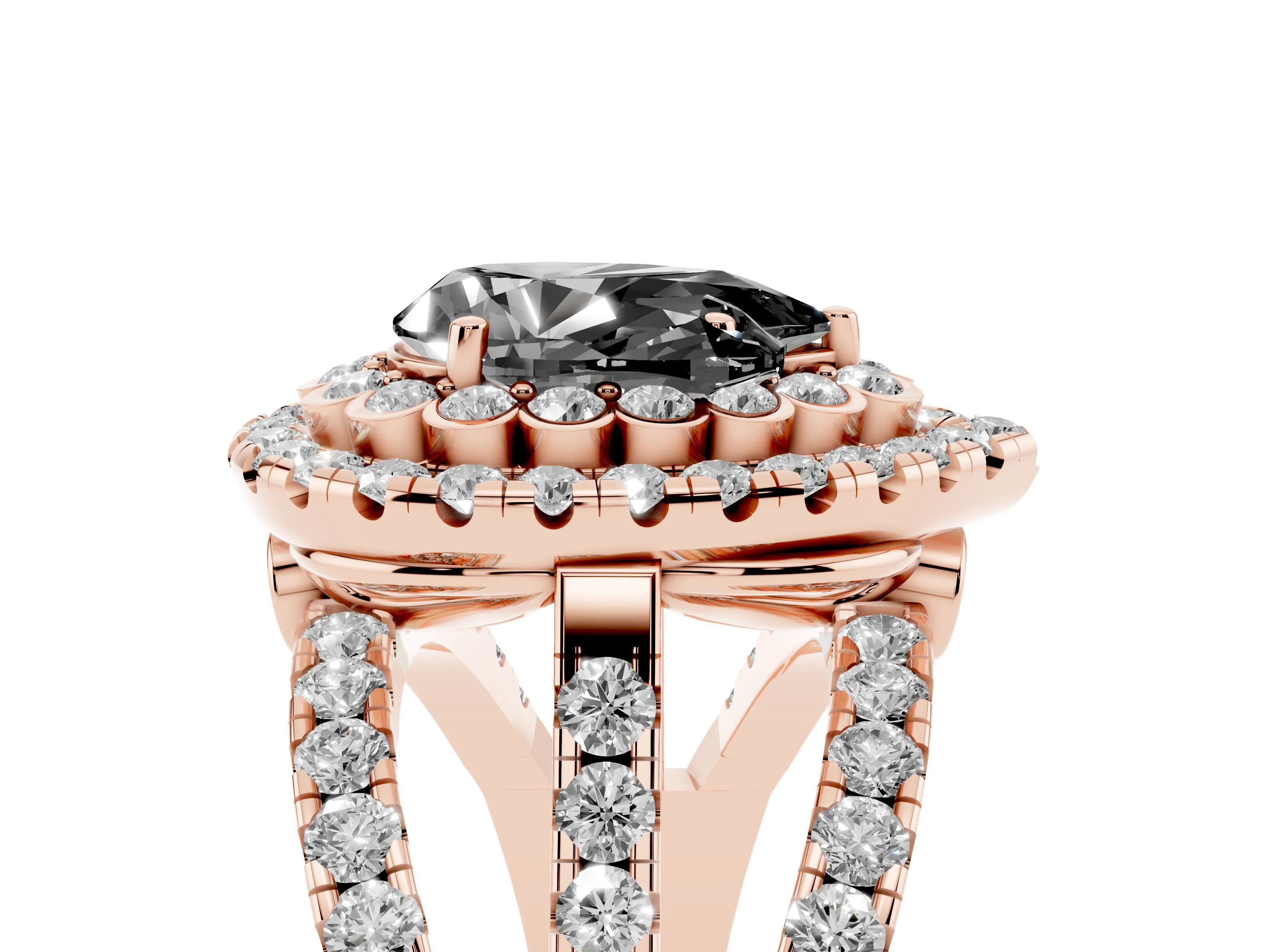 Fancy Black Pear Cut Diamond Double Halo Ring Set in Rose gold with Round Pavé Split Shank