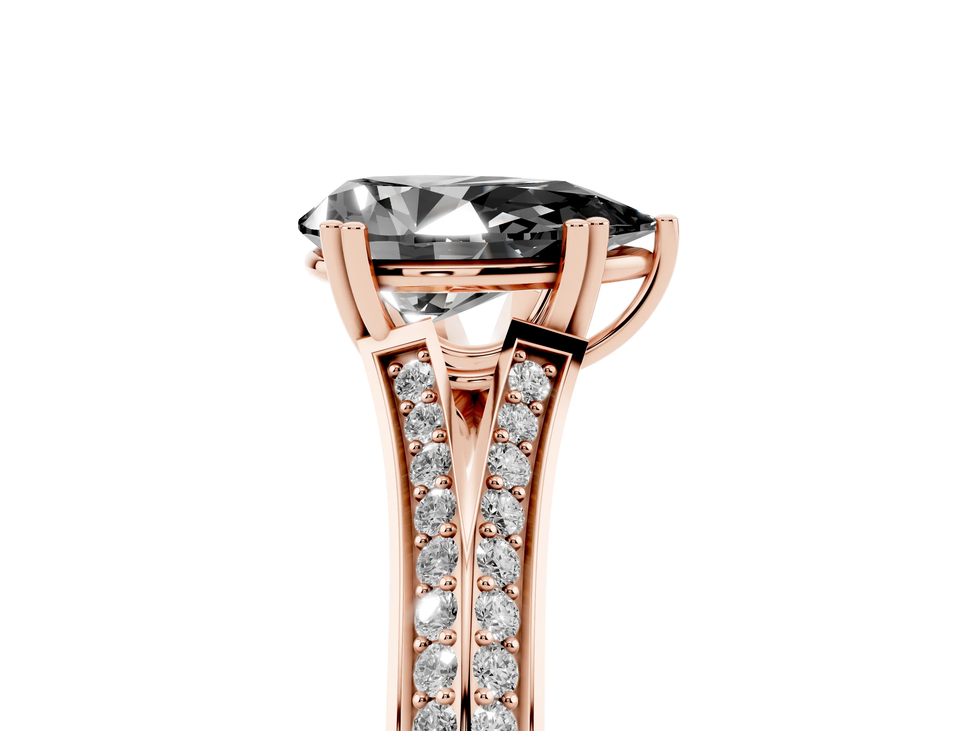 Fancy Black Pear Cut Diamond Split Shank Pavé Engagement Ring Set in Rose gold with Prong-Set Center Stone
