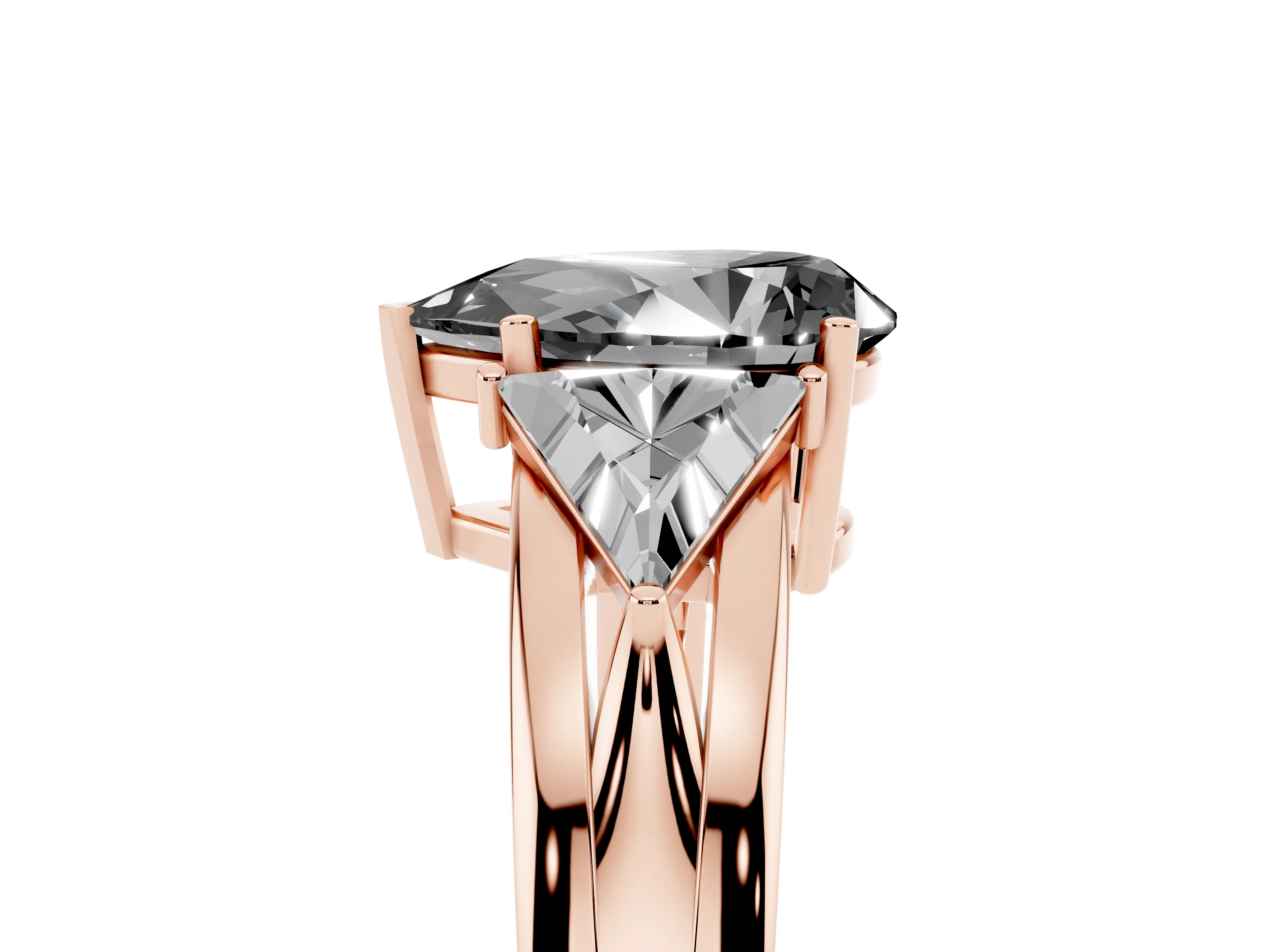 Fancy Black Pear Cut Diamond Three-Stone Ring Set in Rose gold with Trillion Side Stones and Split Shank