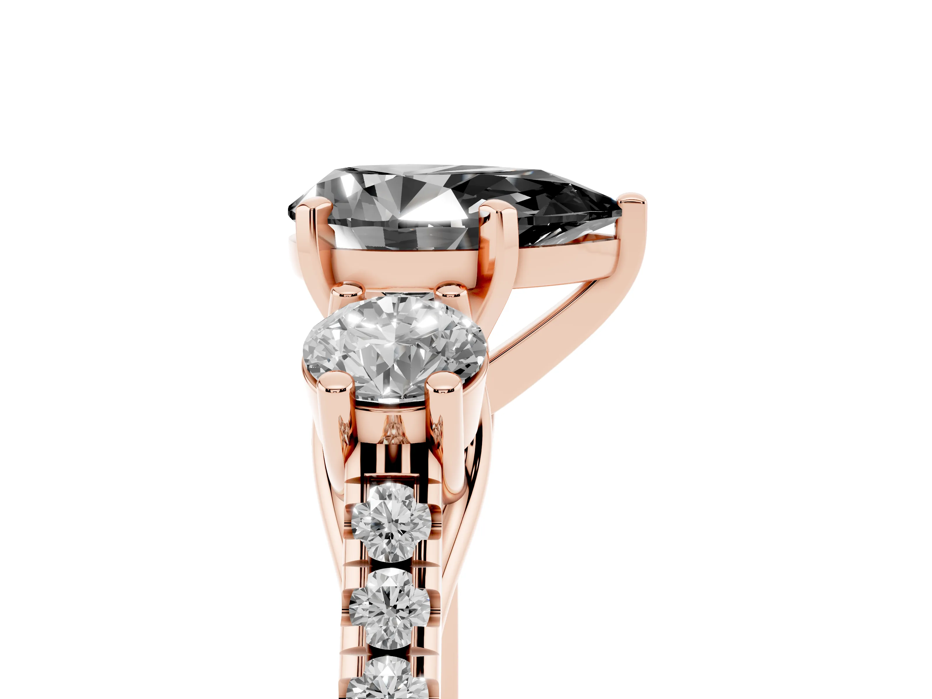 Fancy Black Three-Stone Pear Cut Diamond Pavé Band Ring Set in Rose gold with Prong-Set Trio
