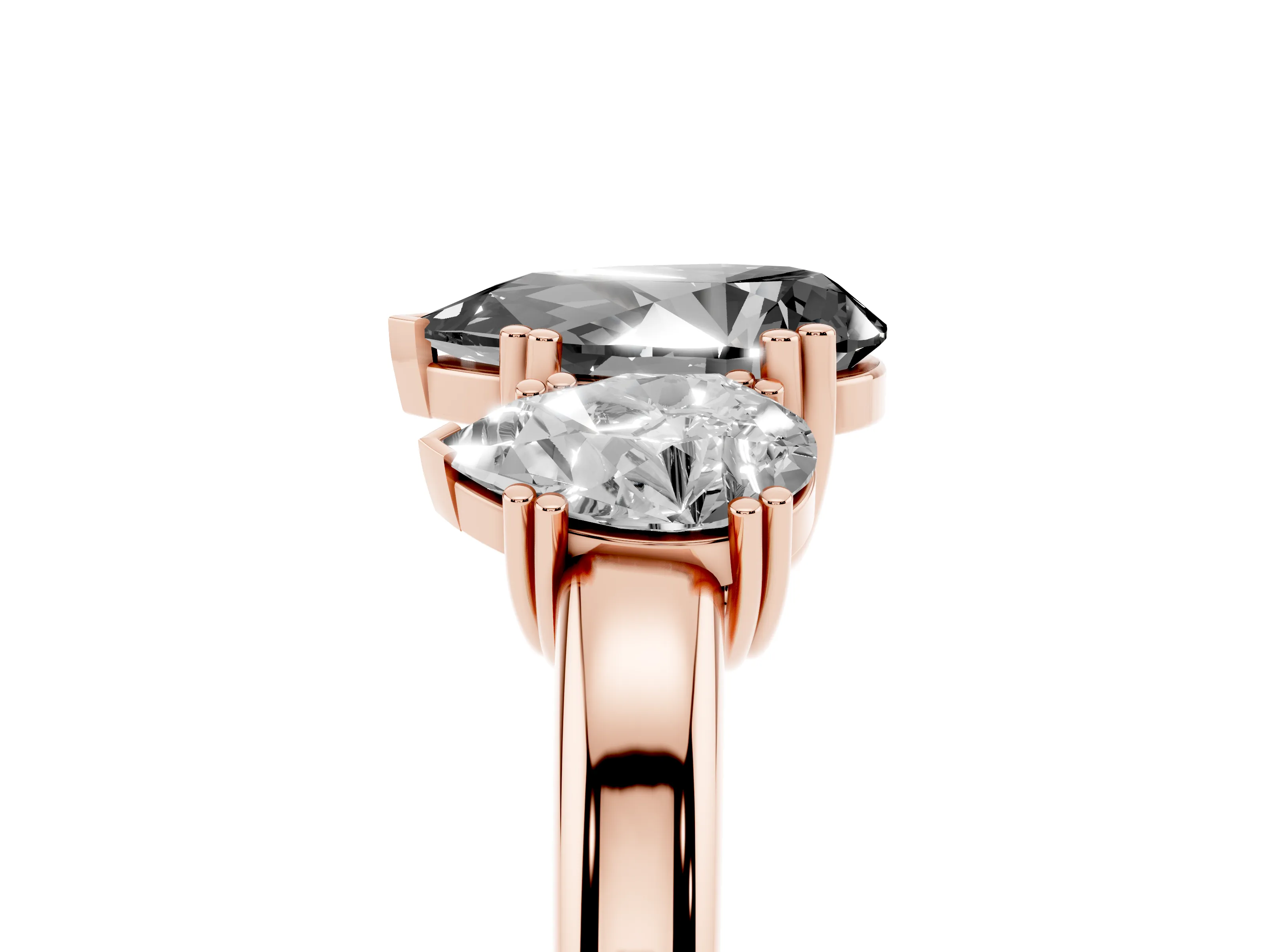 Fancy Black Pear Cut Diamond Three-Stone Ring Set in Rose gold with Polished Channel-Set Band