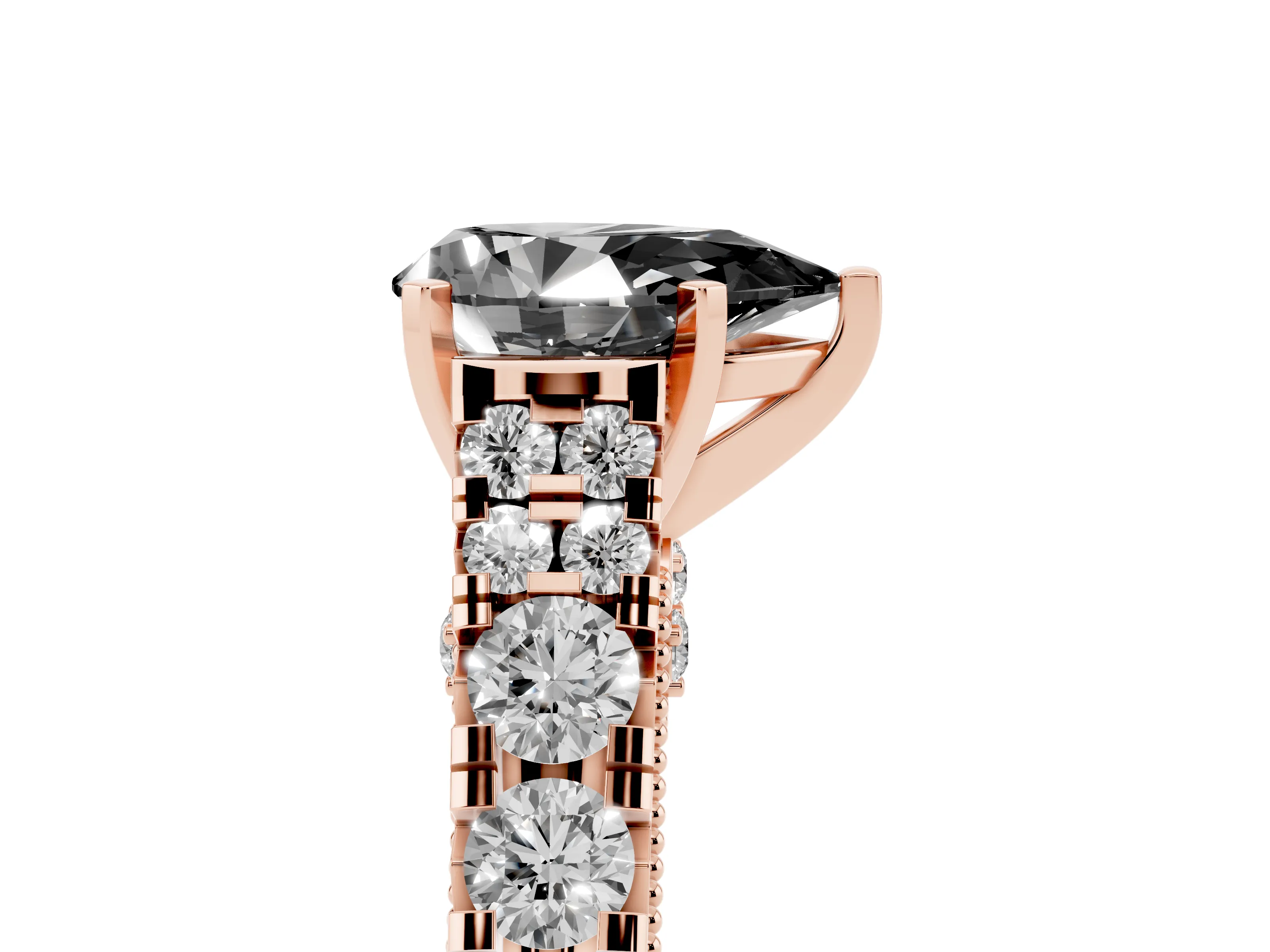 Fancy Black Pear Cut Diamond Classic Solitaire Ring Set in Rose gold with Pavé Band and Prong Setting
