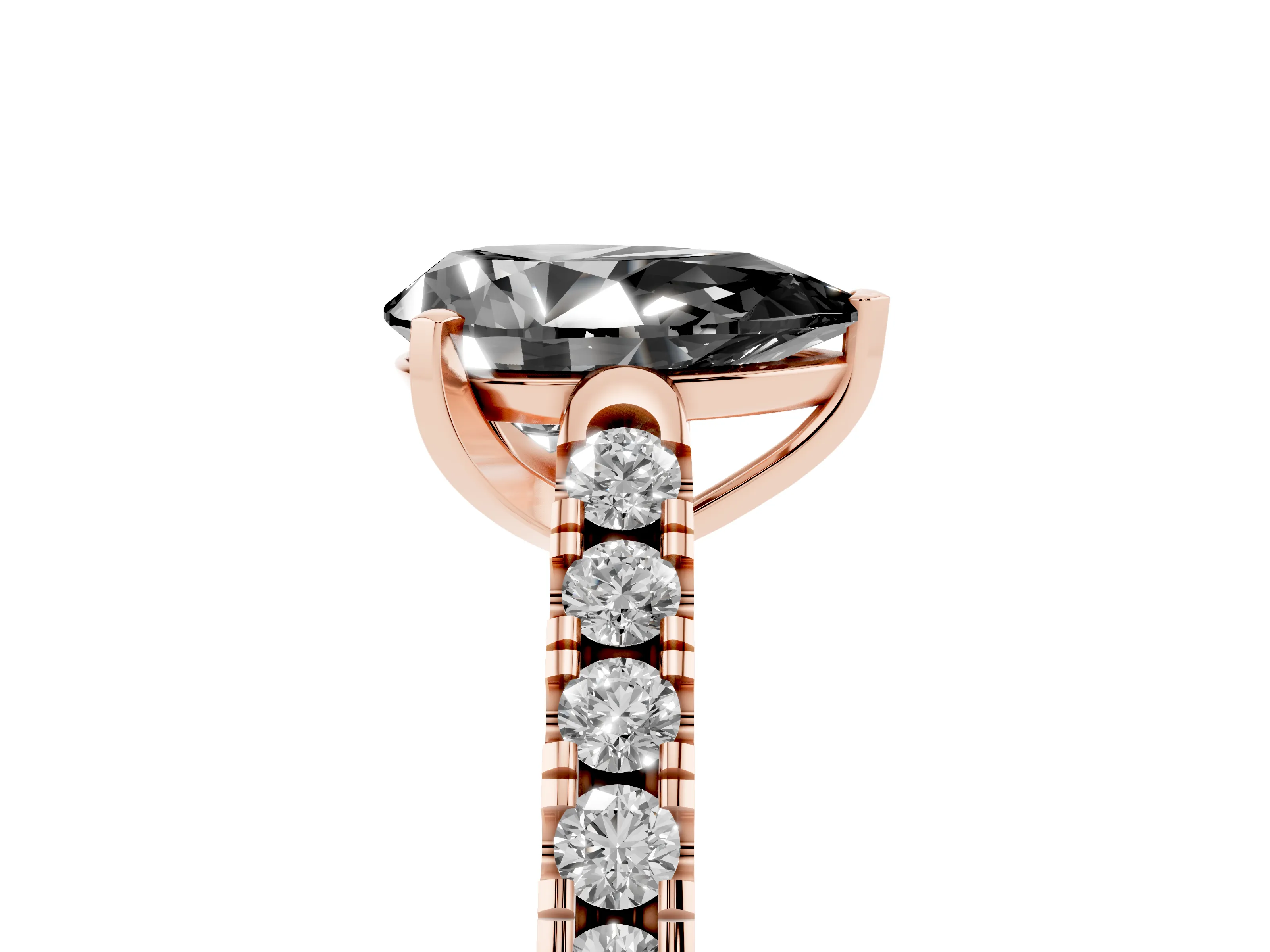 Fancy Black Pear Cut Diamond Pavé Band Solitaire Ring Set in Rose gold with Partway Accent Stones and Prong Setting