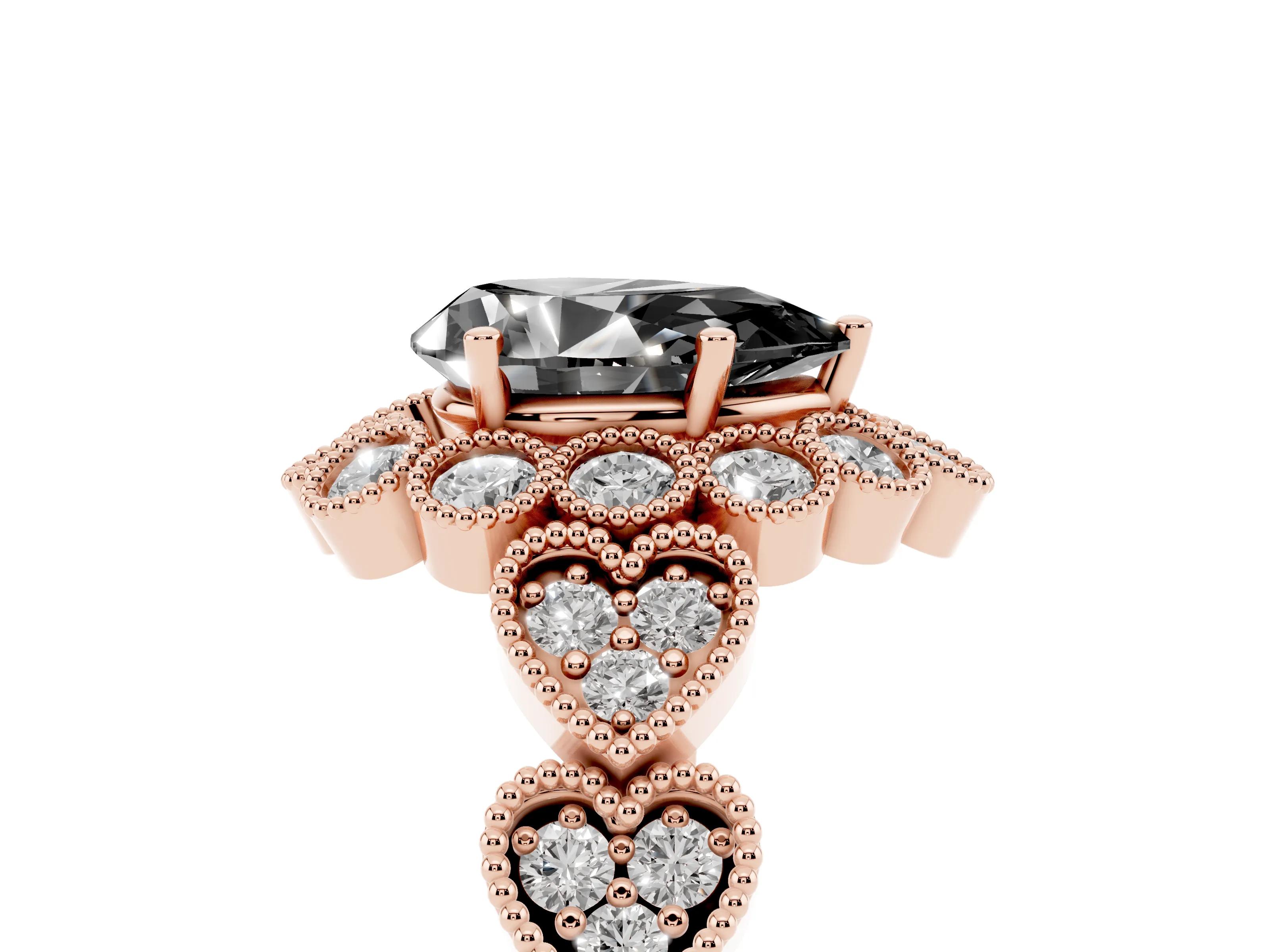 Fancy Black Pear Cut Diamond Solitaire Ring Set in Rose gold with Milgrain Pavé Heart Band