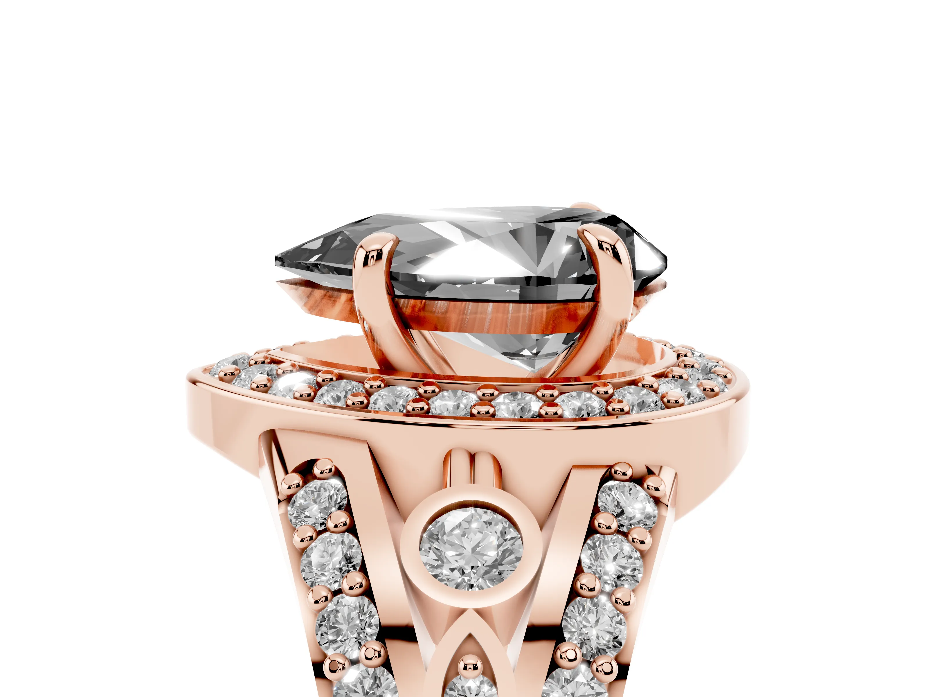 Fancy Black Pear Cut Diamond Halo Ring Set in Rose gold with Pavé Split Shank and Bezel Accents