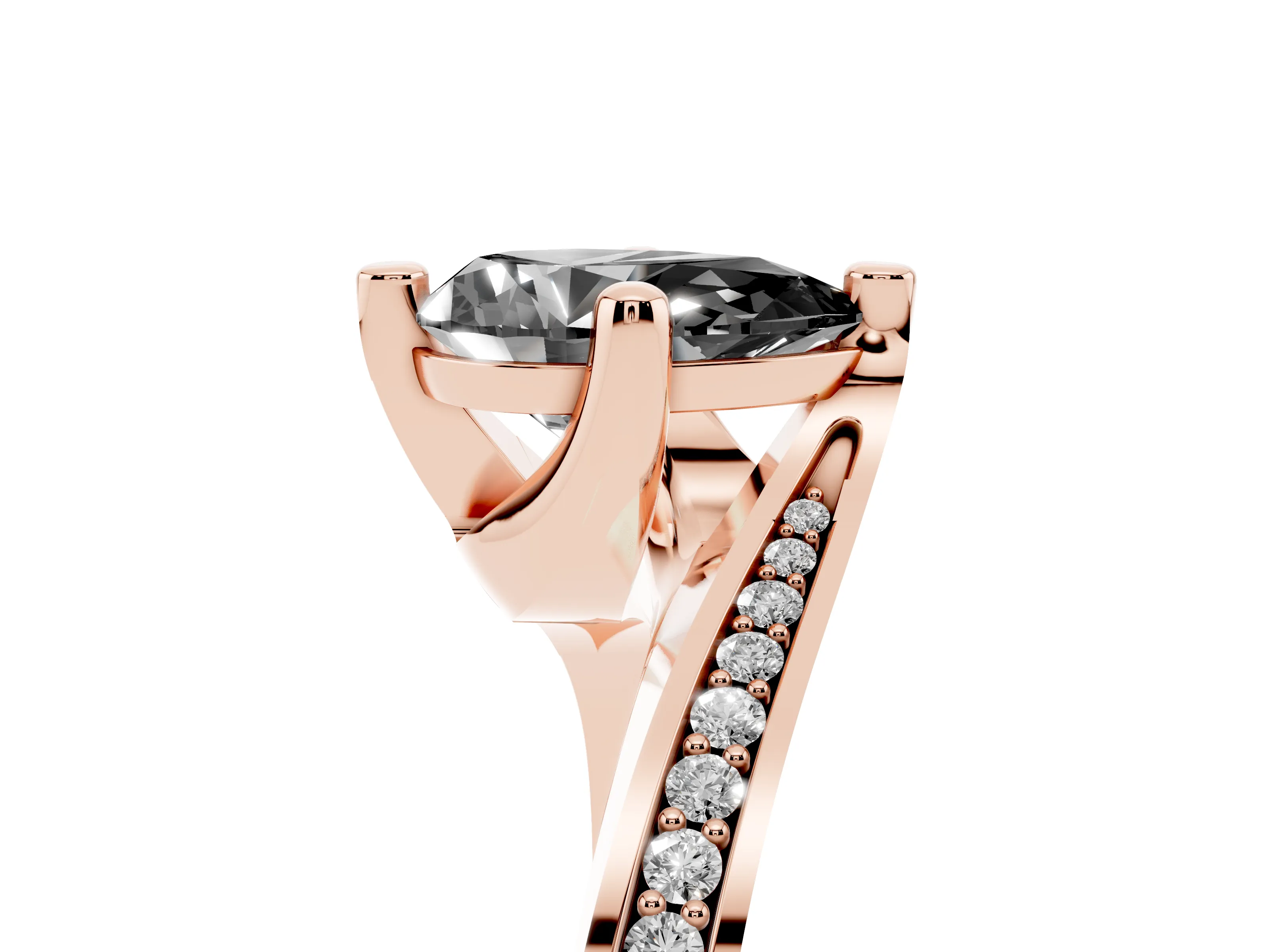Fancy Black Pear Cut Diamond Solitaire Ring Set in Rose gold with Intertwined Pavé Twist Band