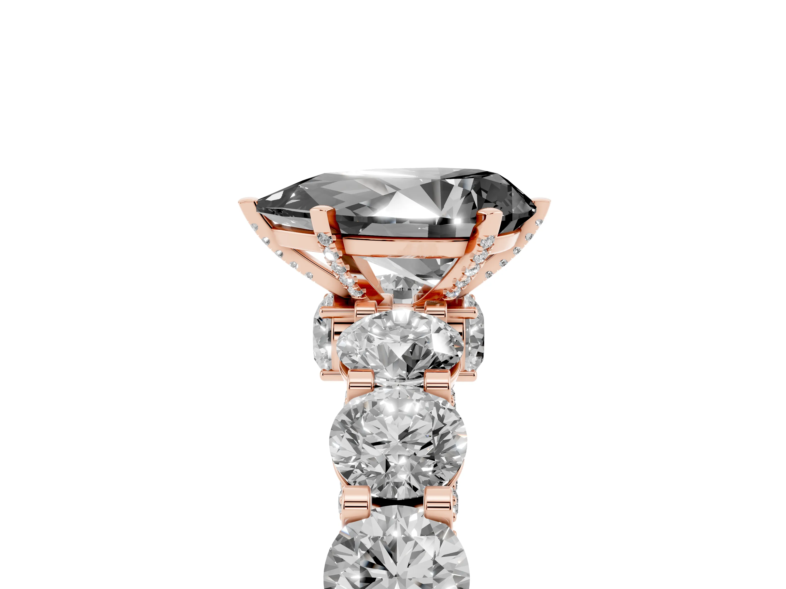 Fancy Black Pear Cut Diamond Side Stone Ring Set in Rose gold with Alternating Round and Oval Side Stones