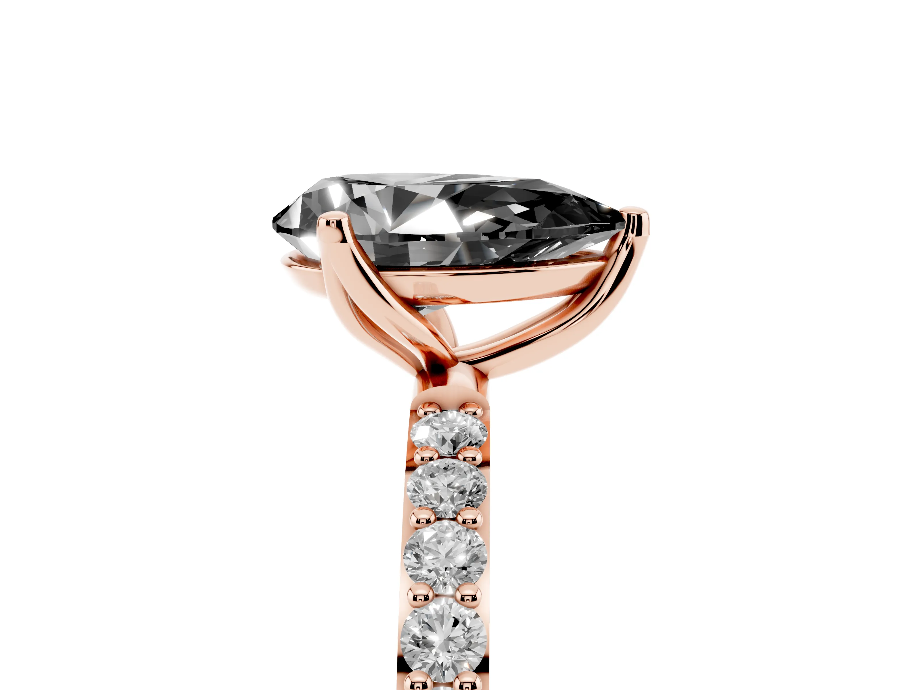 Fancy Black Pear Cut Diamond Solitaire Engagement Ring Set in Rose gold with Round Pavé Band and Prong Setting