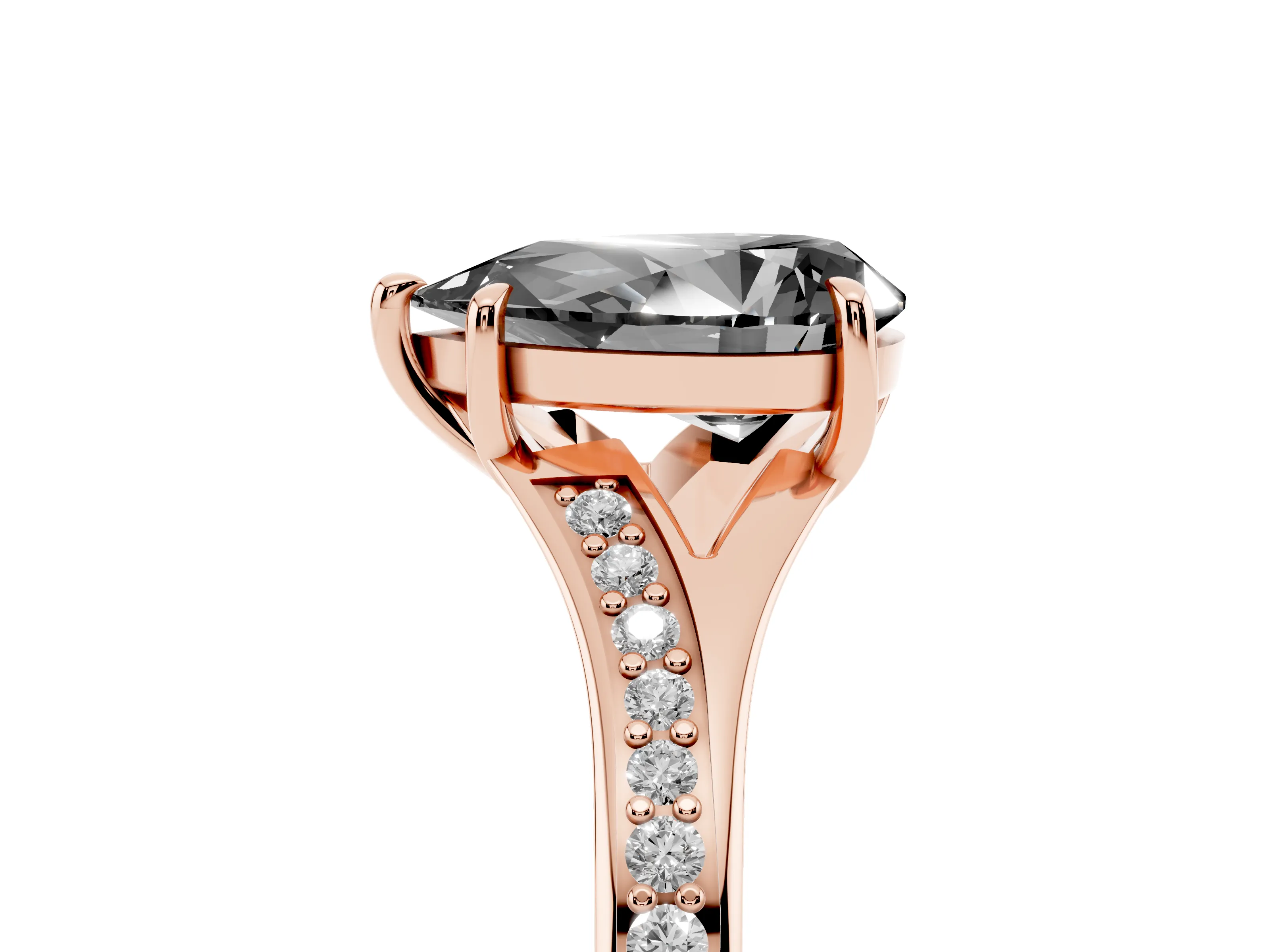 Fancy Black Pear Cut Diamond Solitaire Ring Set in Rose gold with Pavé Accent Band and Classic Prong Setting