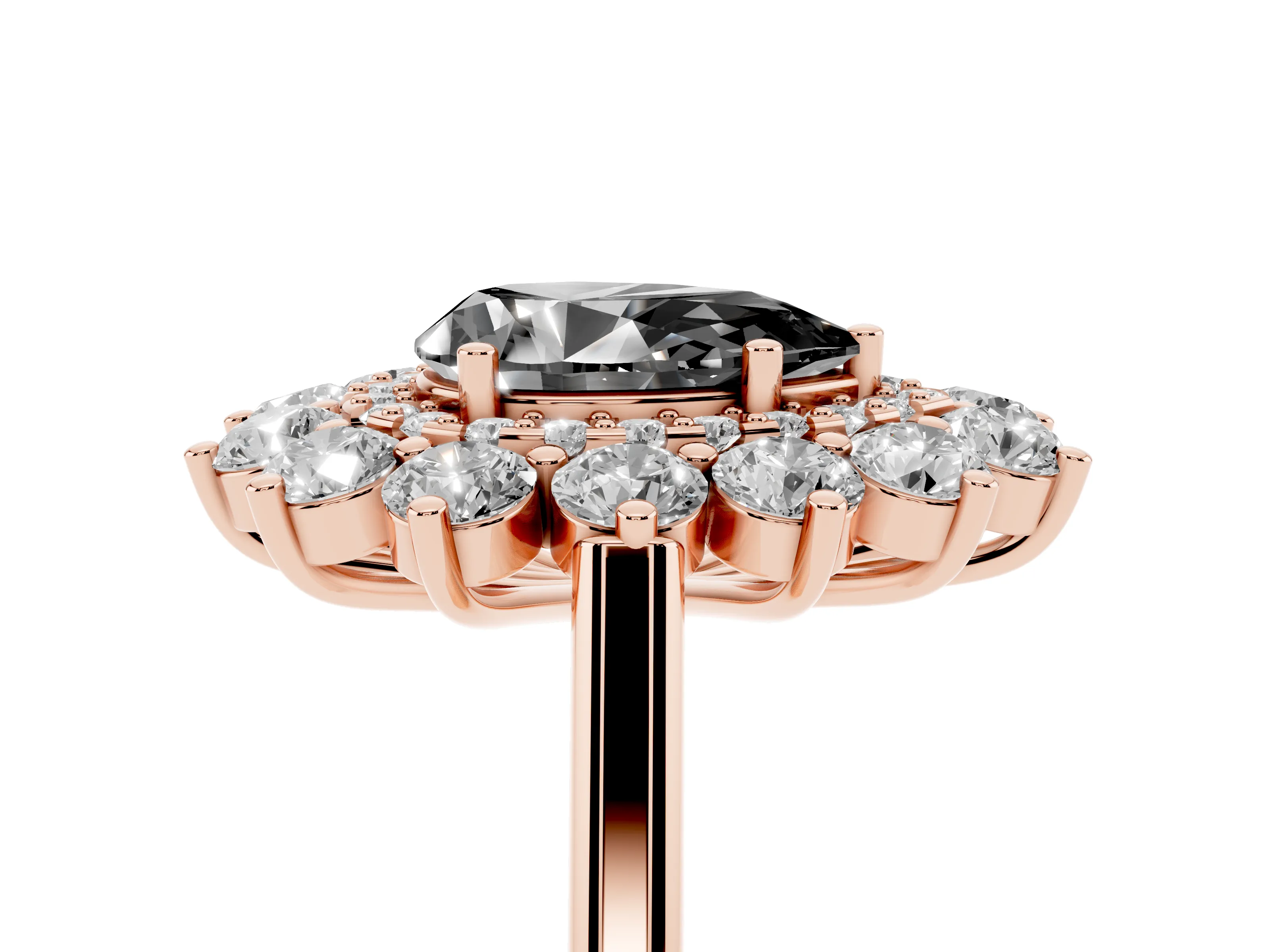 Fancy Black Pear Cut Diamond Floral Double Halo Ring Set in Rose gold with Round Petals