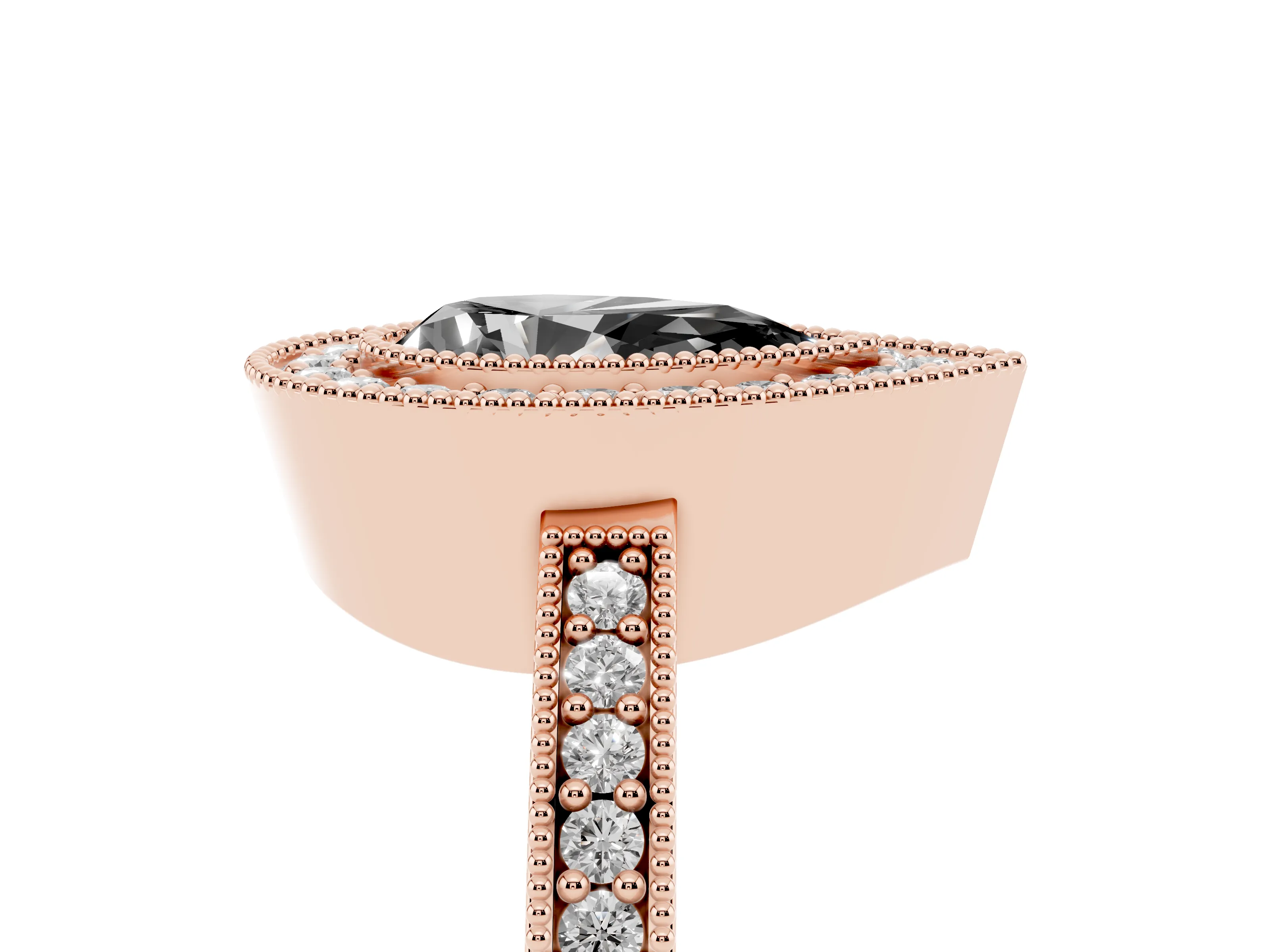 Fancy Black Pear Cut Diamond Halo Engagement Ring Set in Rose gold with Pavé Band and Round Halo Stones