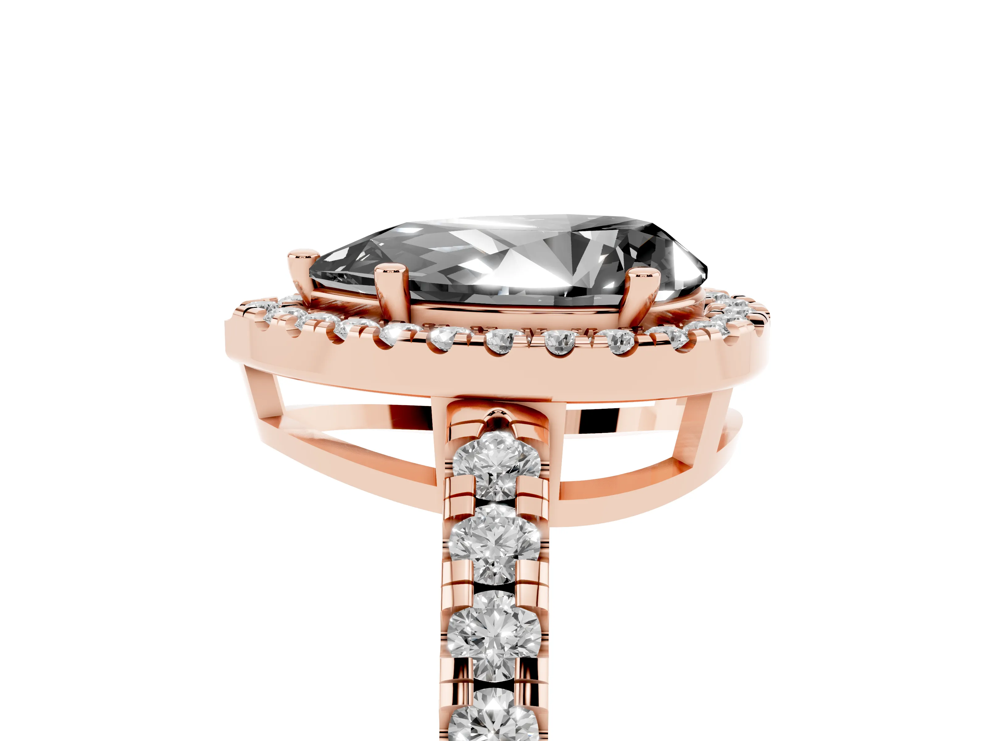 Fancy Black Pear Cut Diamond Halo Ring Set in Rose gold with Delicate Pavé Band and Prong Setting