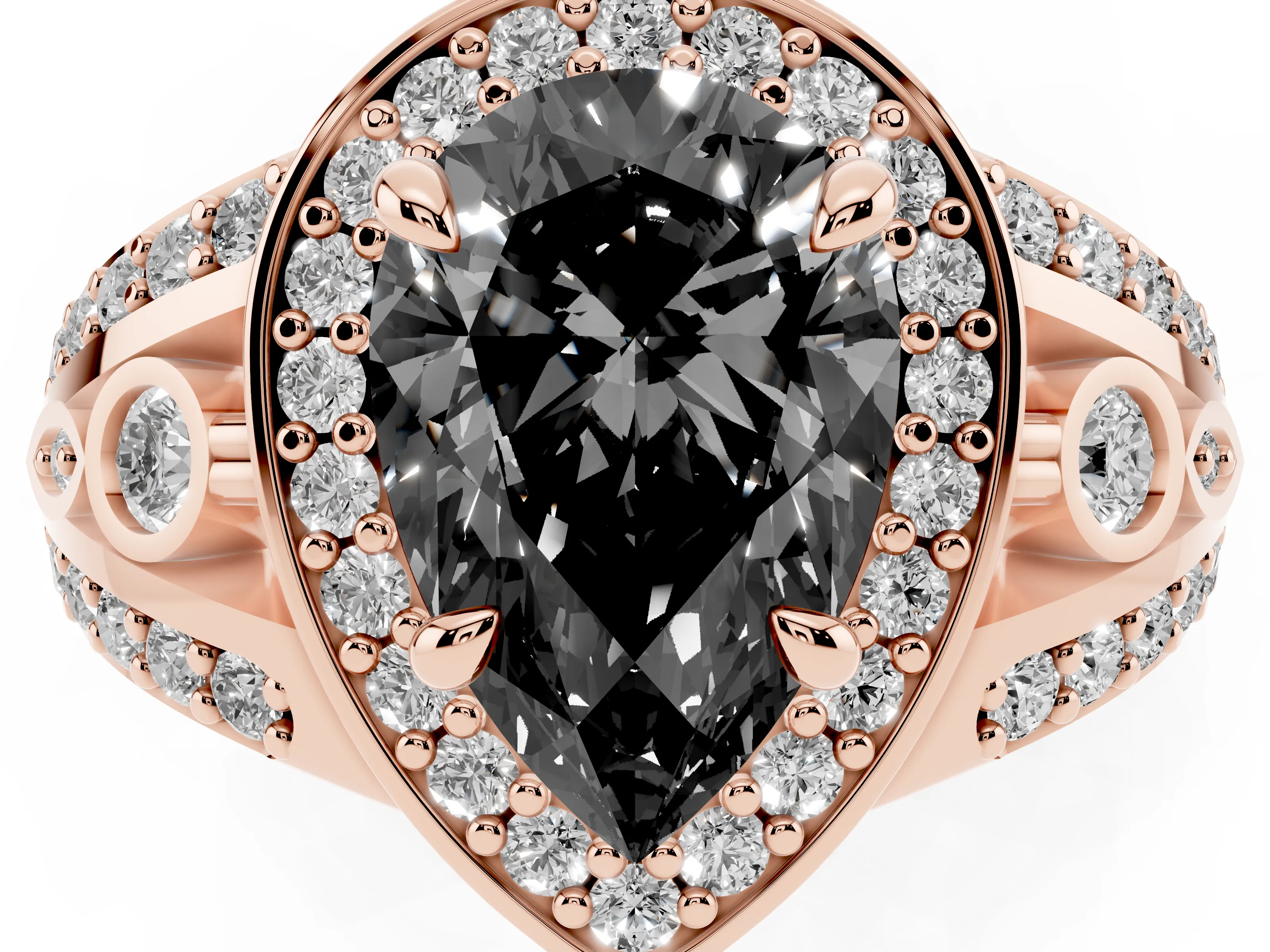 Fancy Black Pear Cut Diamond Halo Ring Set in Rose gold with Pavé Split Shank and Bezel Accents