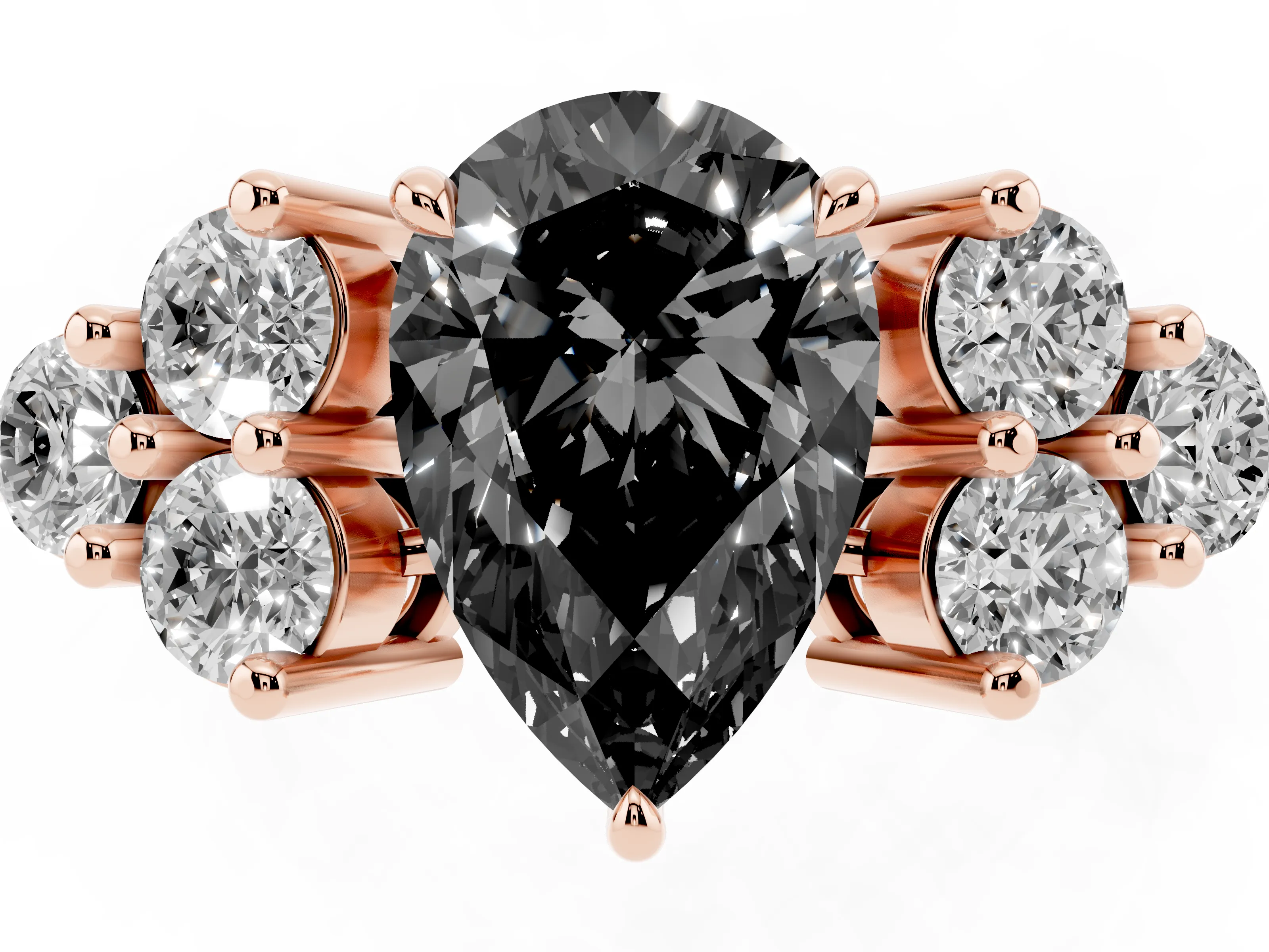 Fancy Black Pear Cut Diamond Solitaire Ring Set in Rose gold with Cluster Accents on Each Side