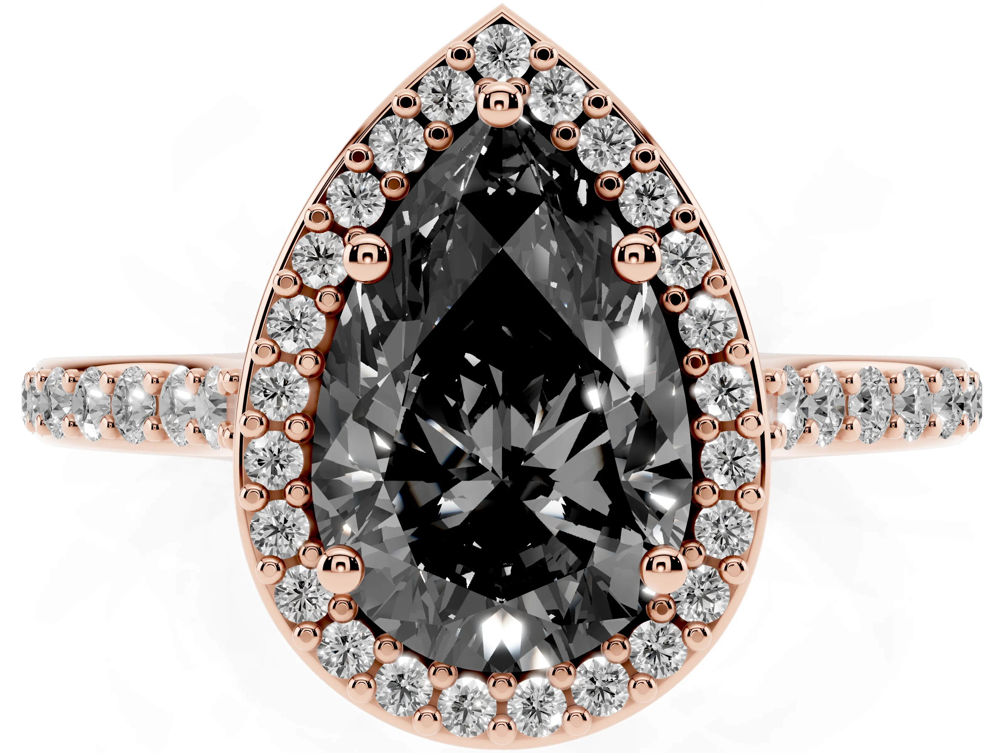 Fancy Black Pear Cut Diamond Halo Engagement Ring Set in Rose gold with Round Pavé Shoulders and Heart Gallery