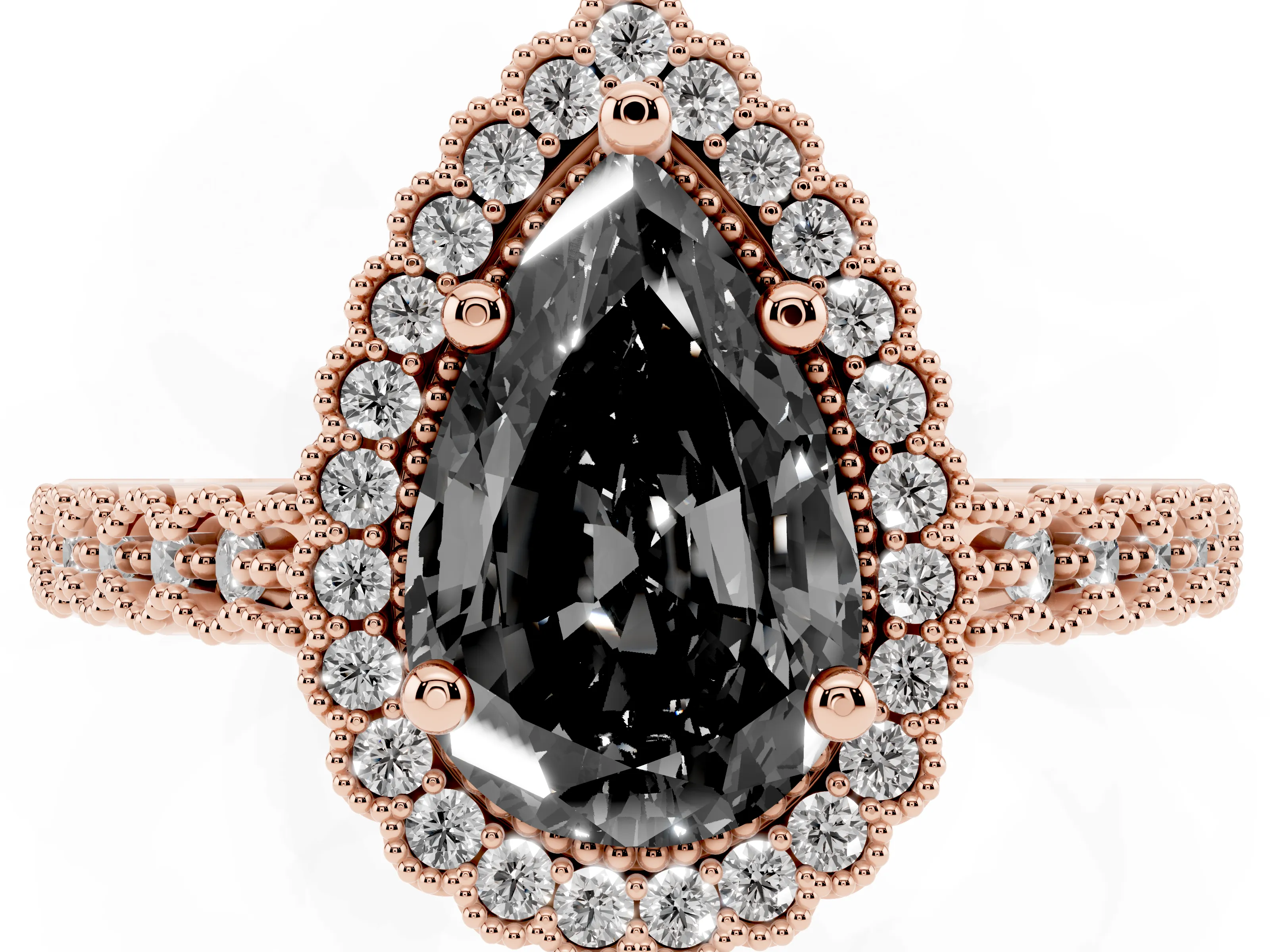 Fancy Black Pear Cut Diamond Halo Ring Set in Rose gold with Pavé Milgrain Band