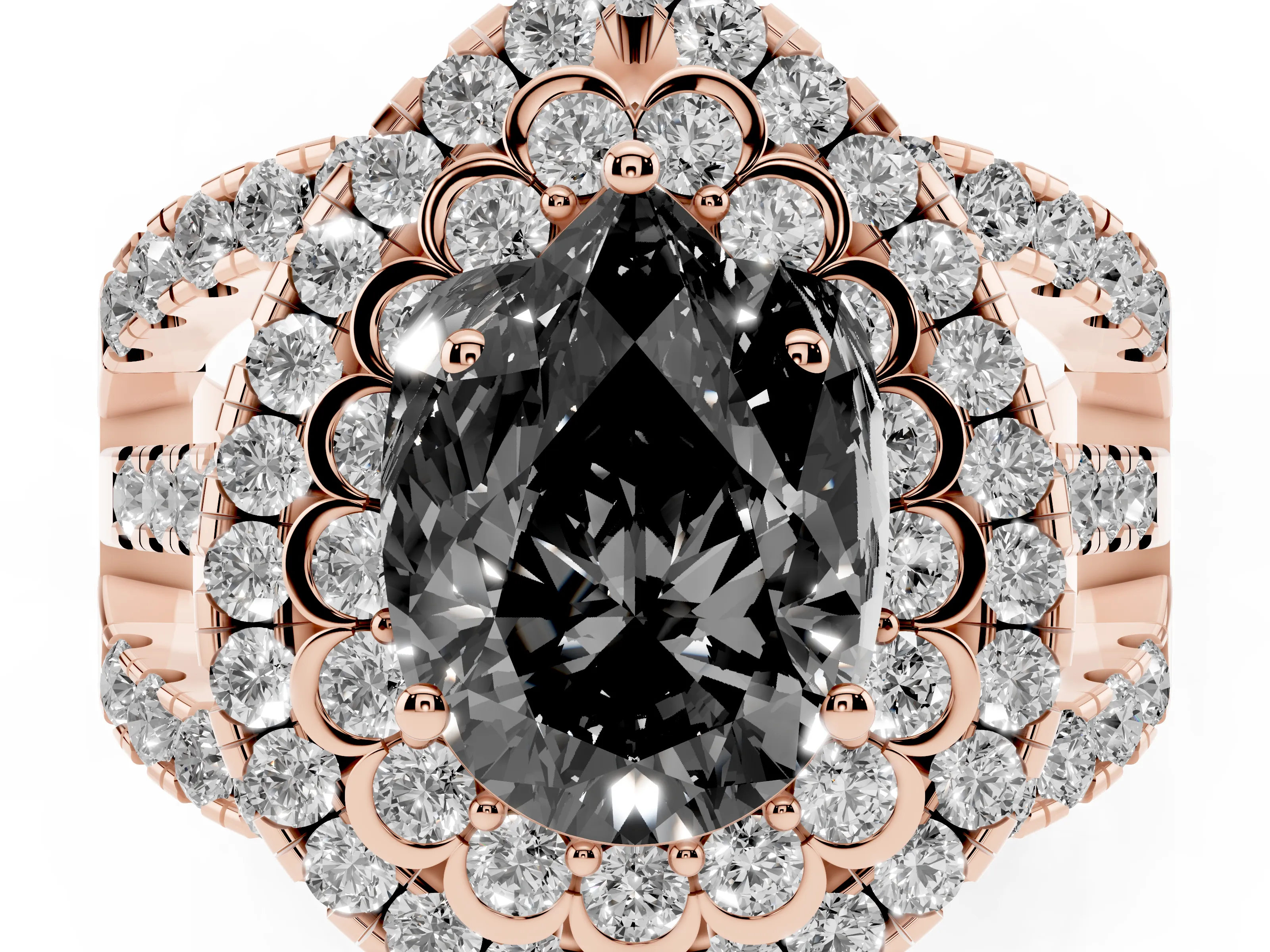 Fancy Black Pear Cut Diamond Double Halo Ring Set in Rose gold with Round Pavé Split Shank