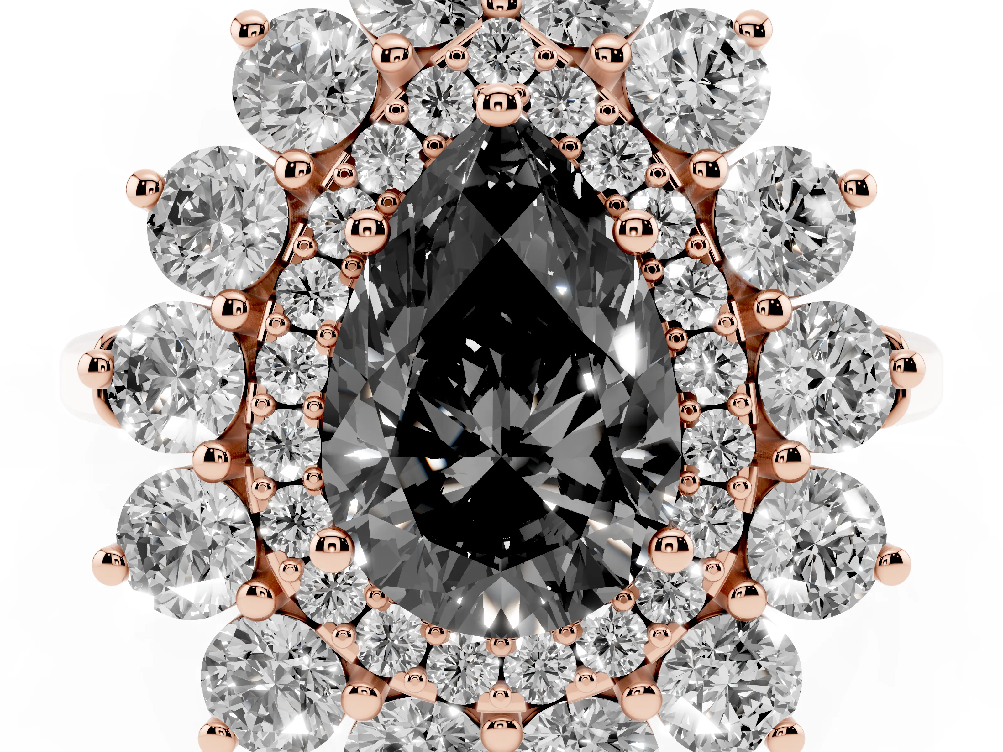 Fancy Black Pear Cut Diamond Floral Double Halo Ring Set in Rose gold with Round Petals