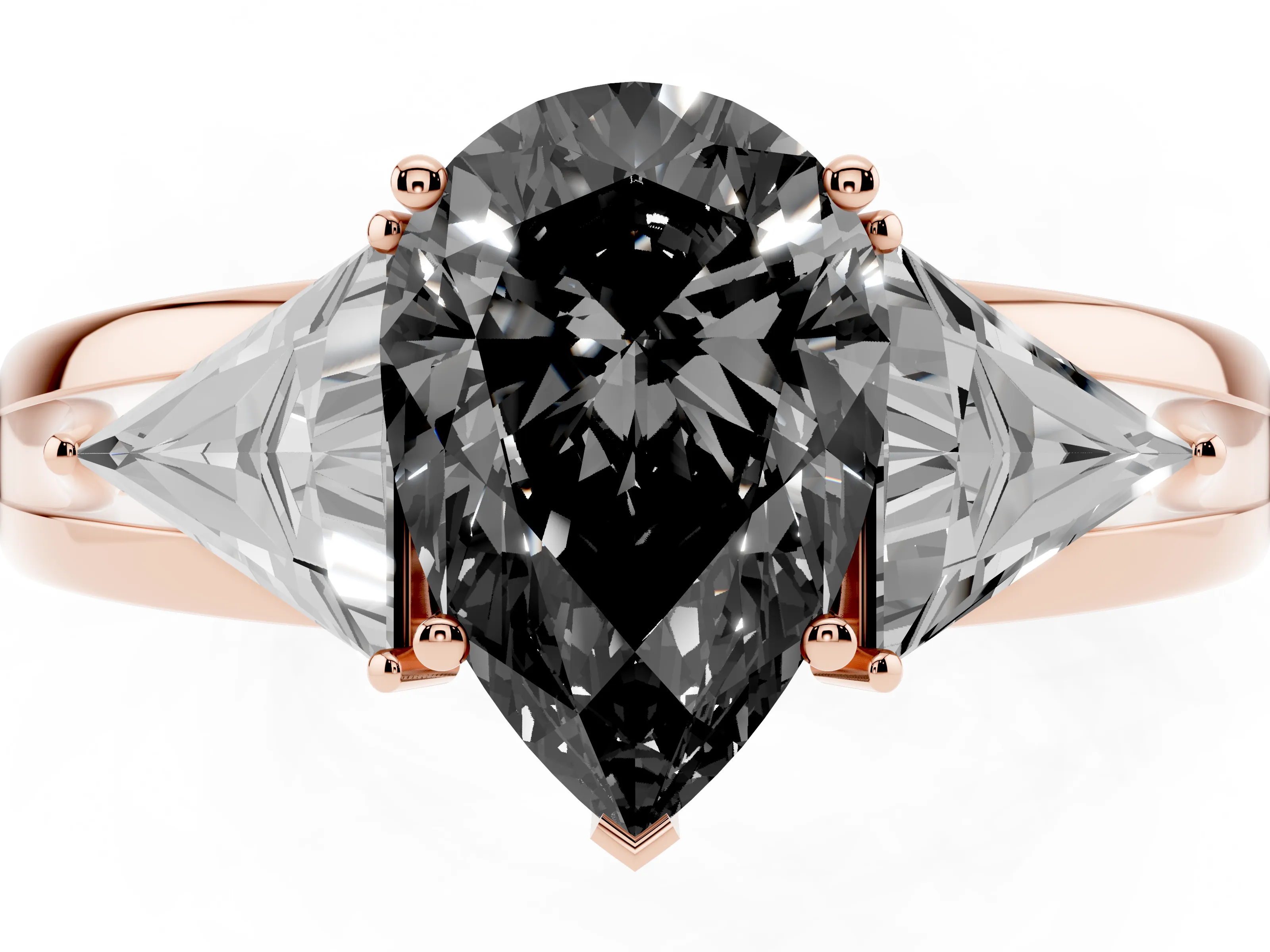Fancy Black Pear Cut Diamond Three-Stone Ring Set in Rose gold with Trillion Side Stones and Split Shank