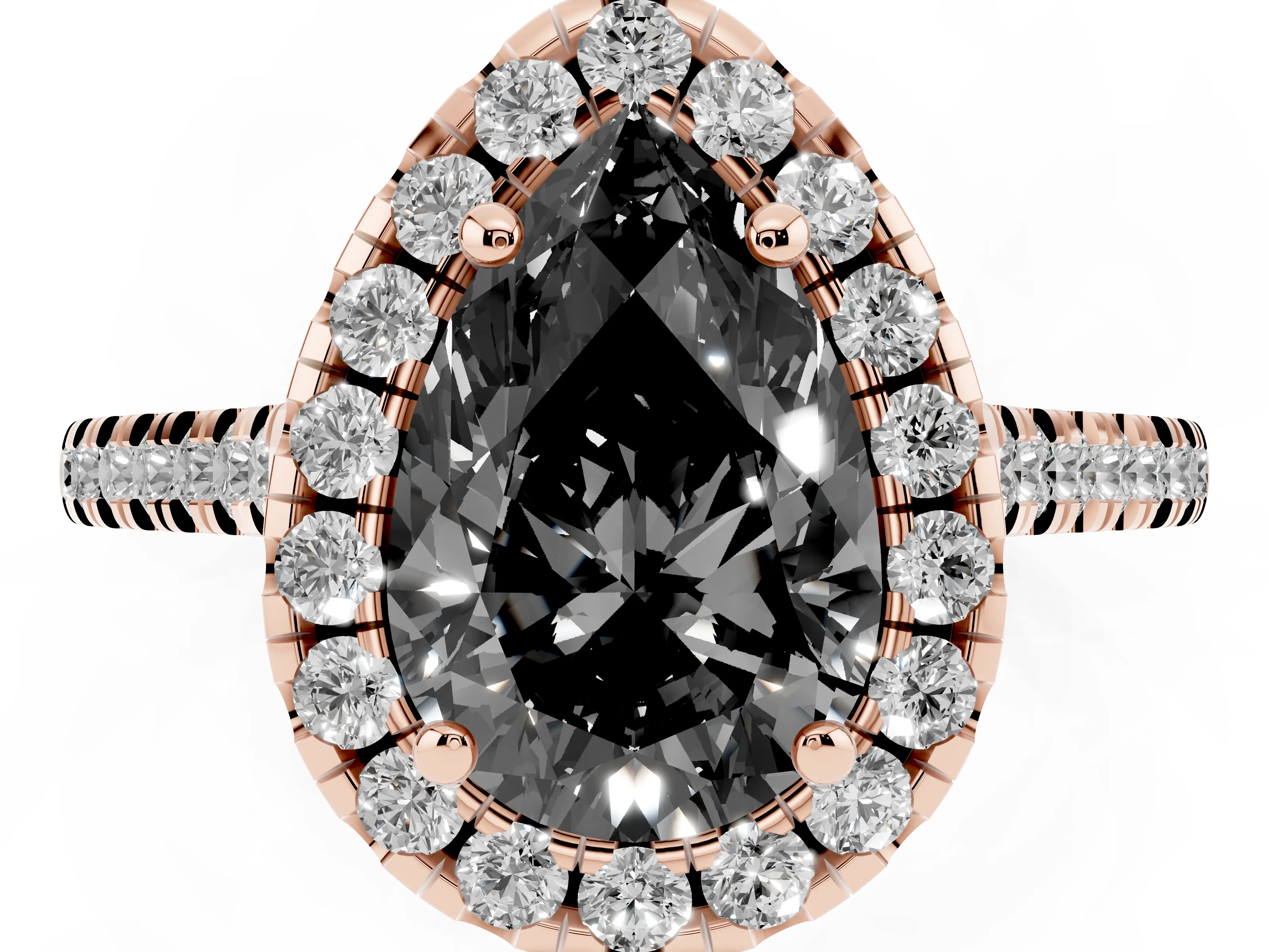 Fancy Black Pear Cut Diamond Cushion Halo Ring Set in Rose gold with Pavé Band