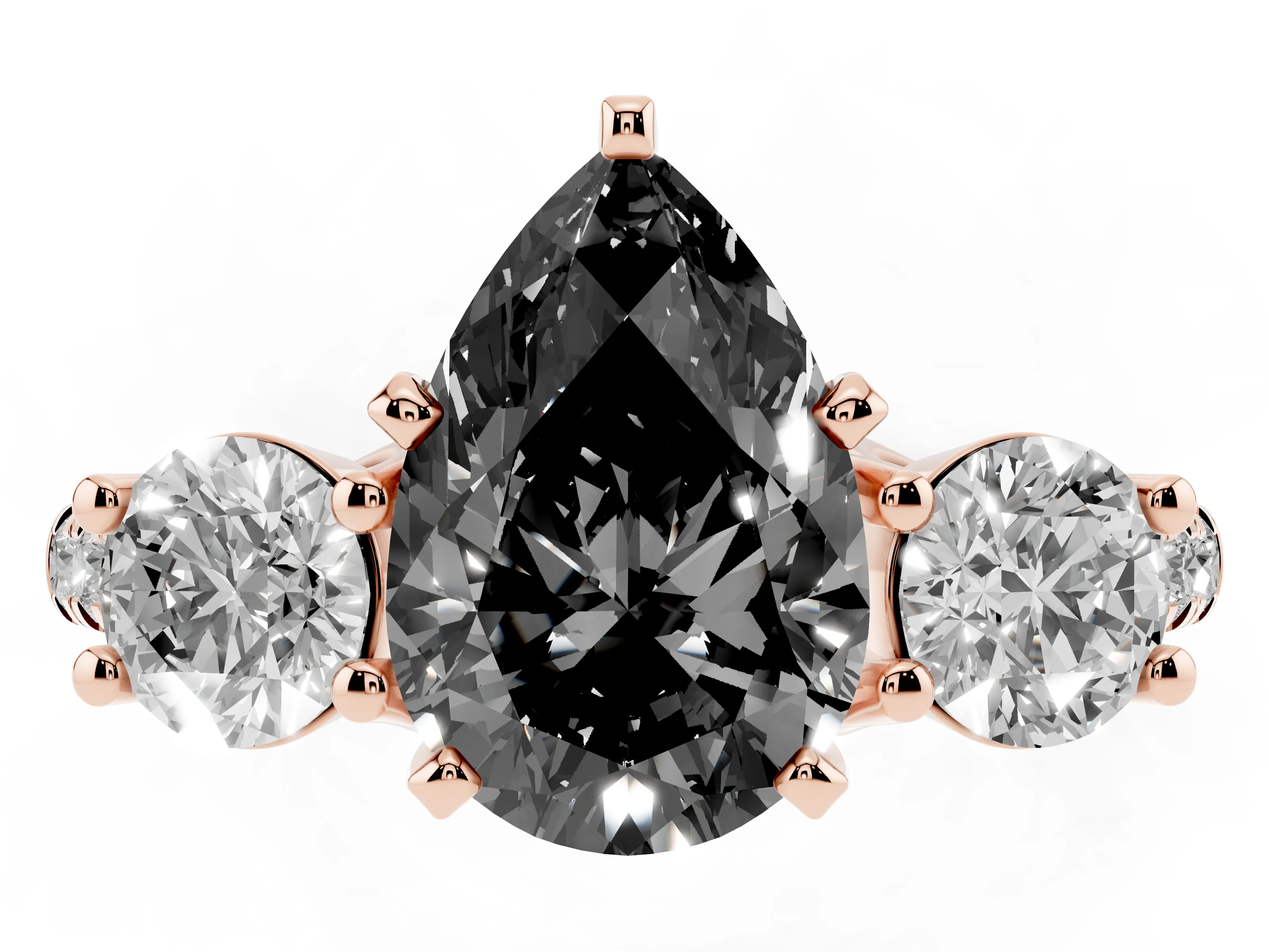 Fancy Black Three-Stone Pear Cut Diamond Pavé Band Ring Set in Rose gold with Prong-Set Trio