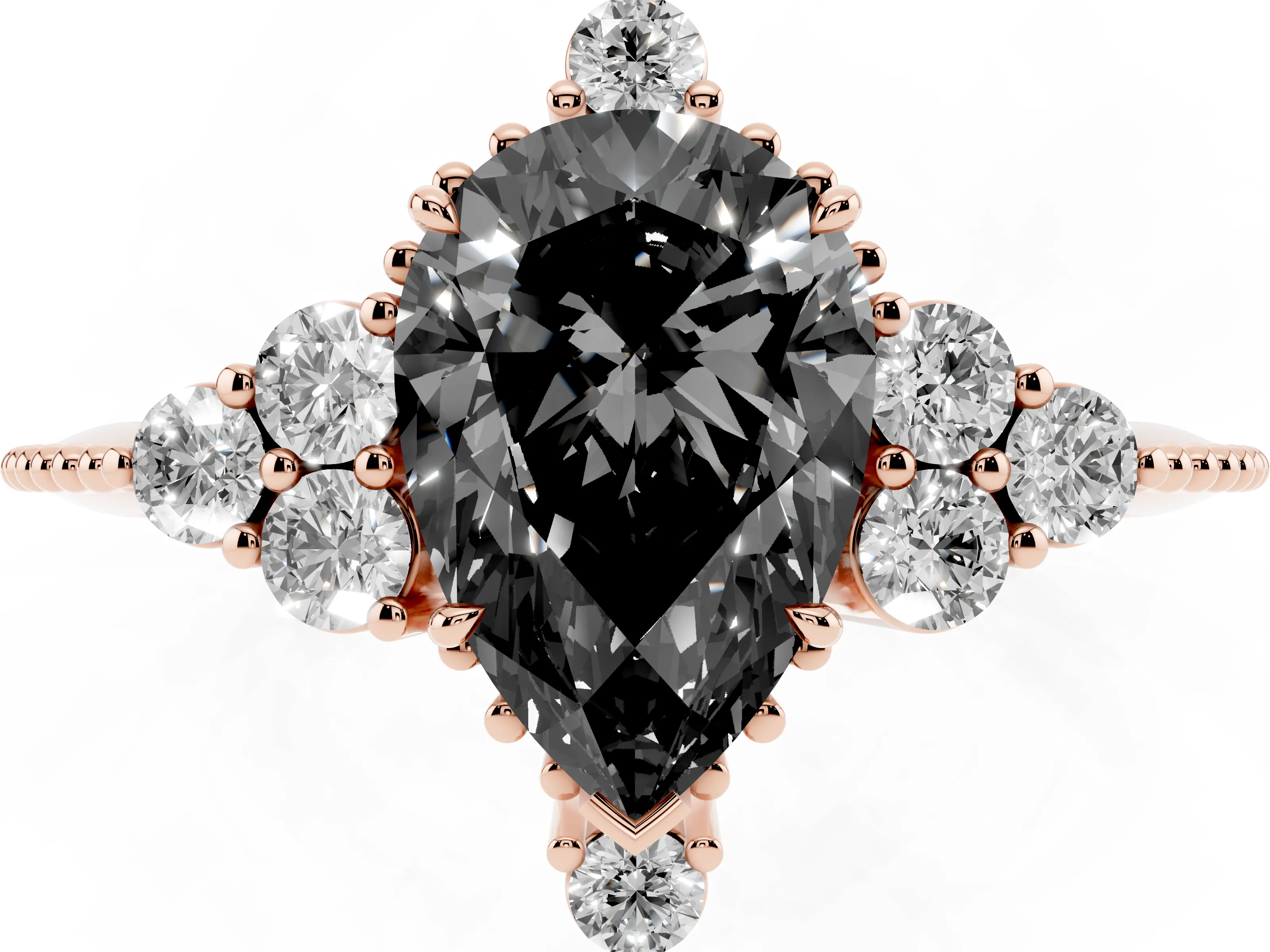 Fancy Black Pear Cut Diamond Cluster Ring Set in Rose gold with Beaded Band
