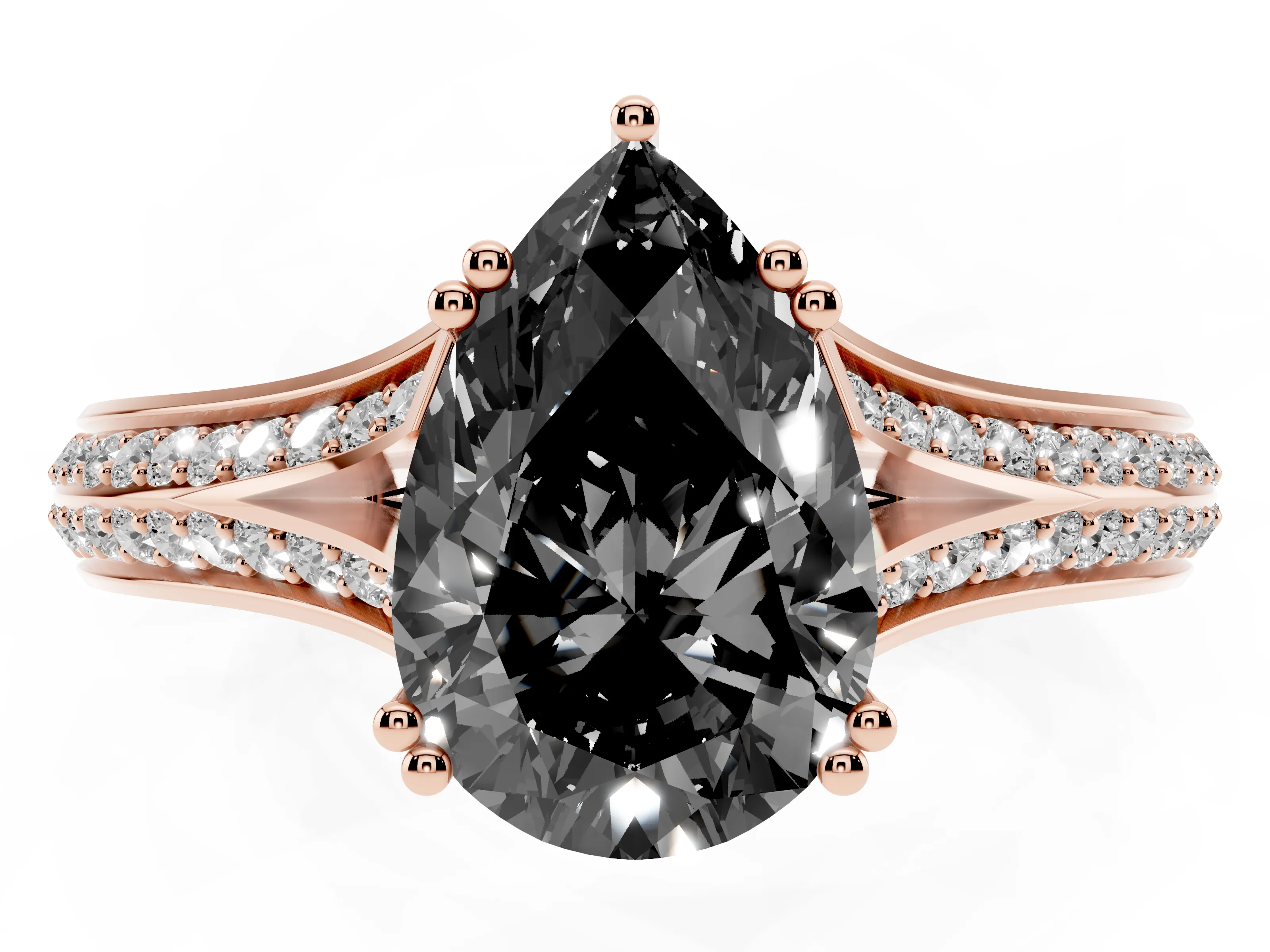 Fancy Black Pear Cut Diamond Split Shank Pavé Engagement Ring Set in Rose gold with Prong-Set Center Stone
