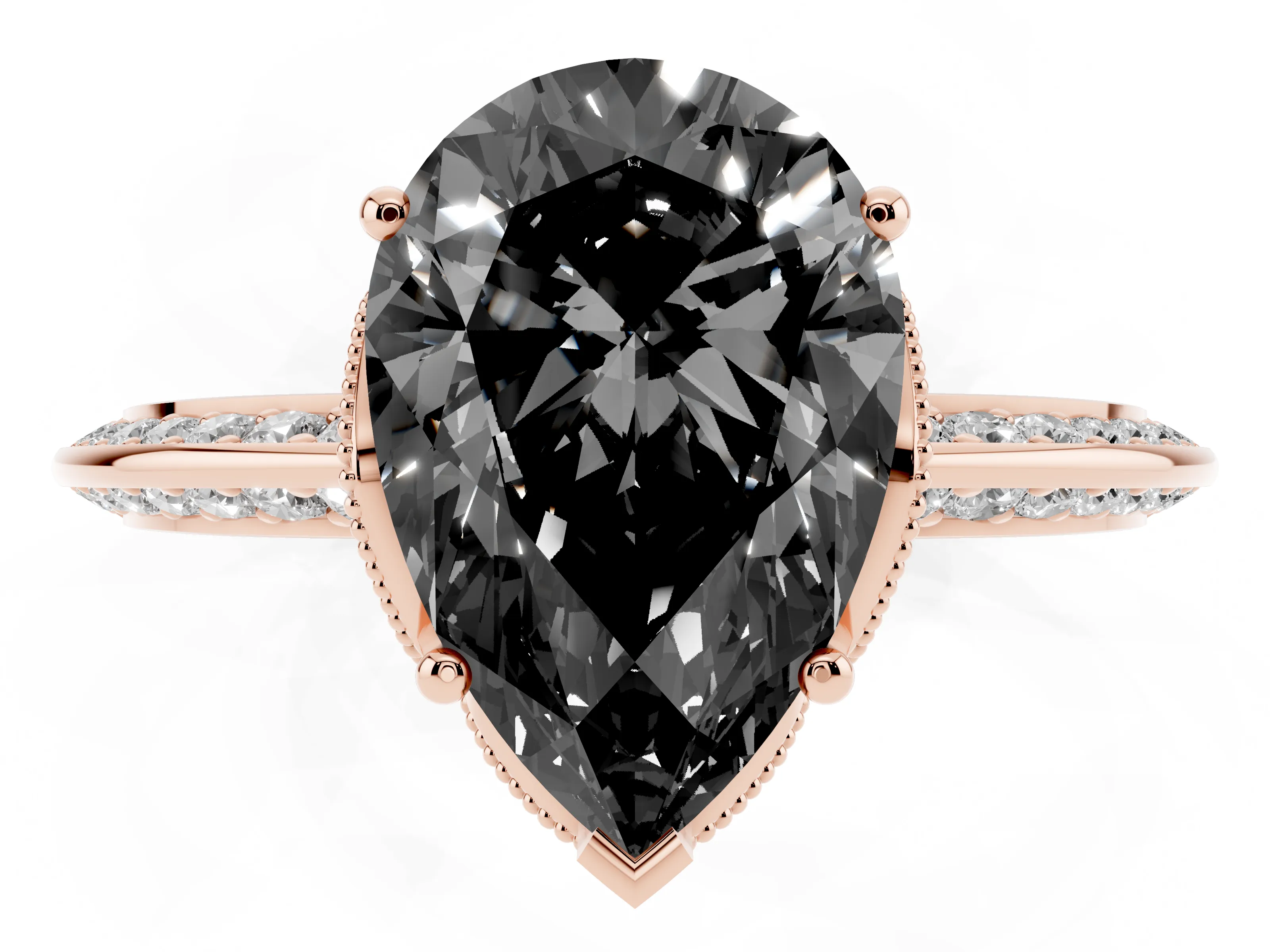 Fancy Black Pear Cut Diamond Solitaire Engagement Ring Set in Rose gold with Pavé Split Shank and Prong Setting