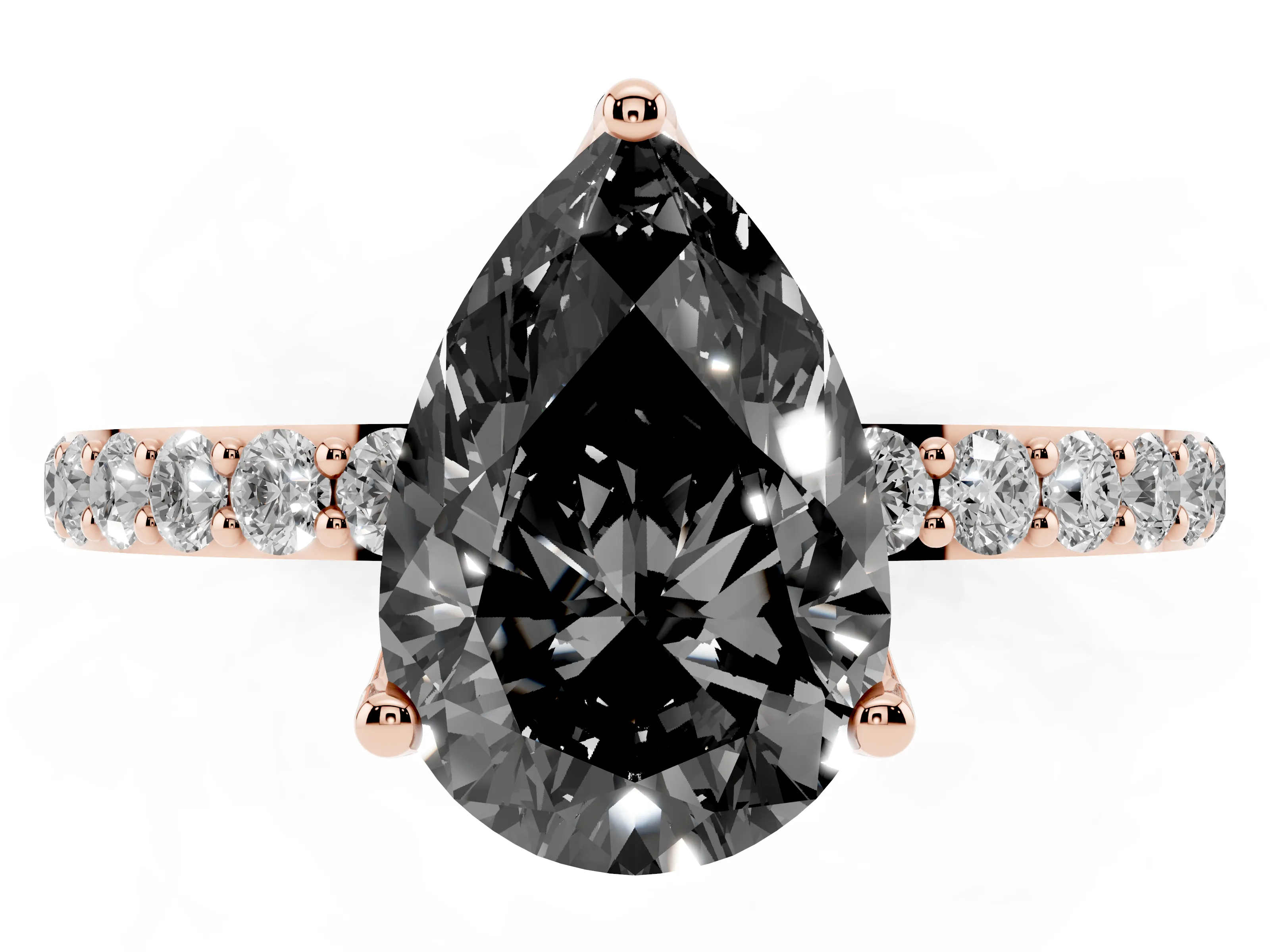 Fancy Black Pear Cut Diamond Solitaire Engagement Ring Set in Rose gold with Round Pavé Band and Prong Setting