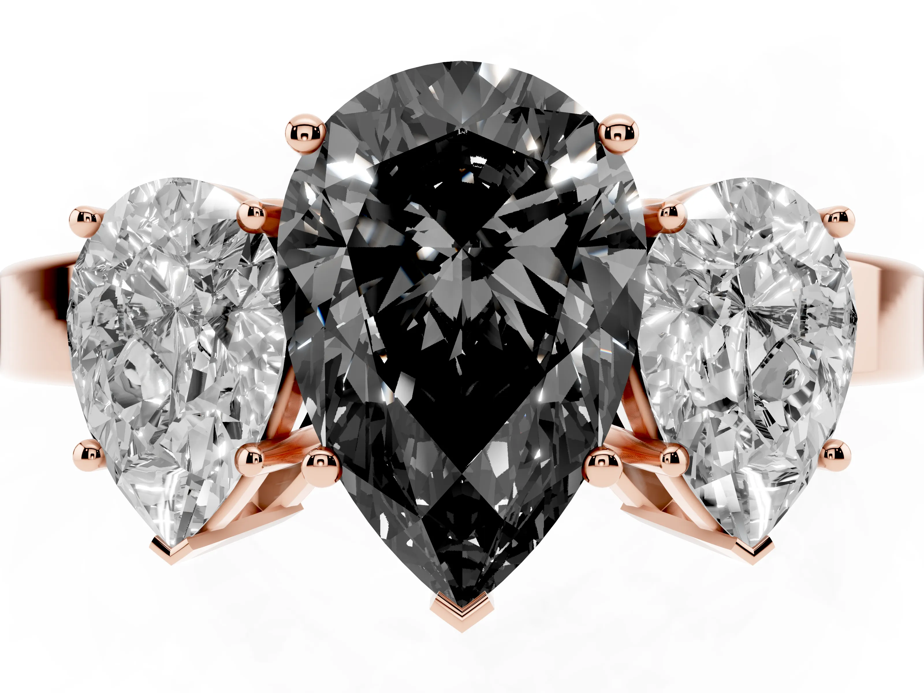 Fancy Black Pear Cut Diamond Three-Stone Engagement Ring Set in Rose gold with Flat Band