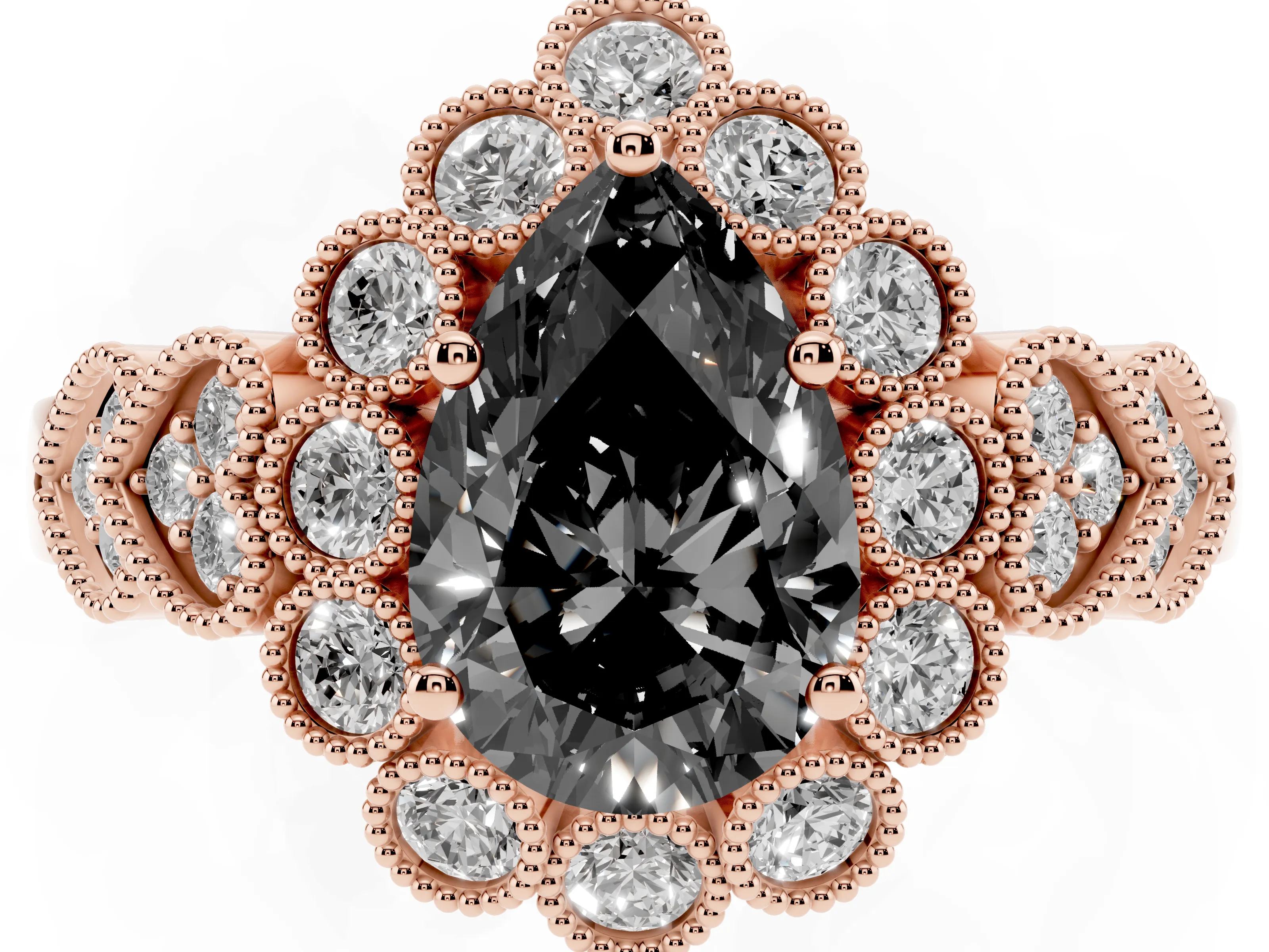 Fancy Black Pear Cut Diamond Solitaire Ring Set in Rose gold with Milgrain Pavé Heart Band