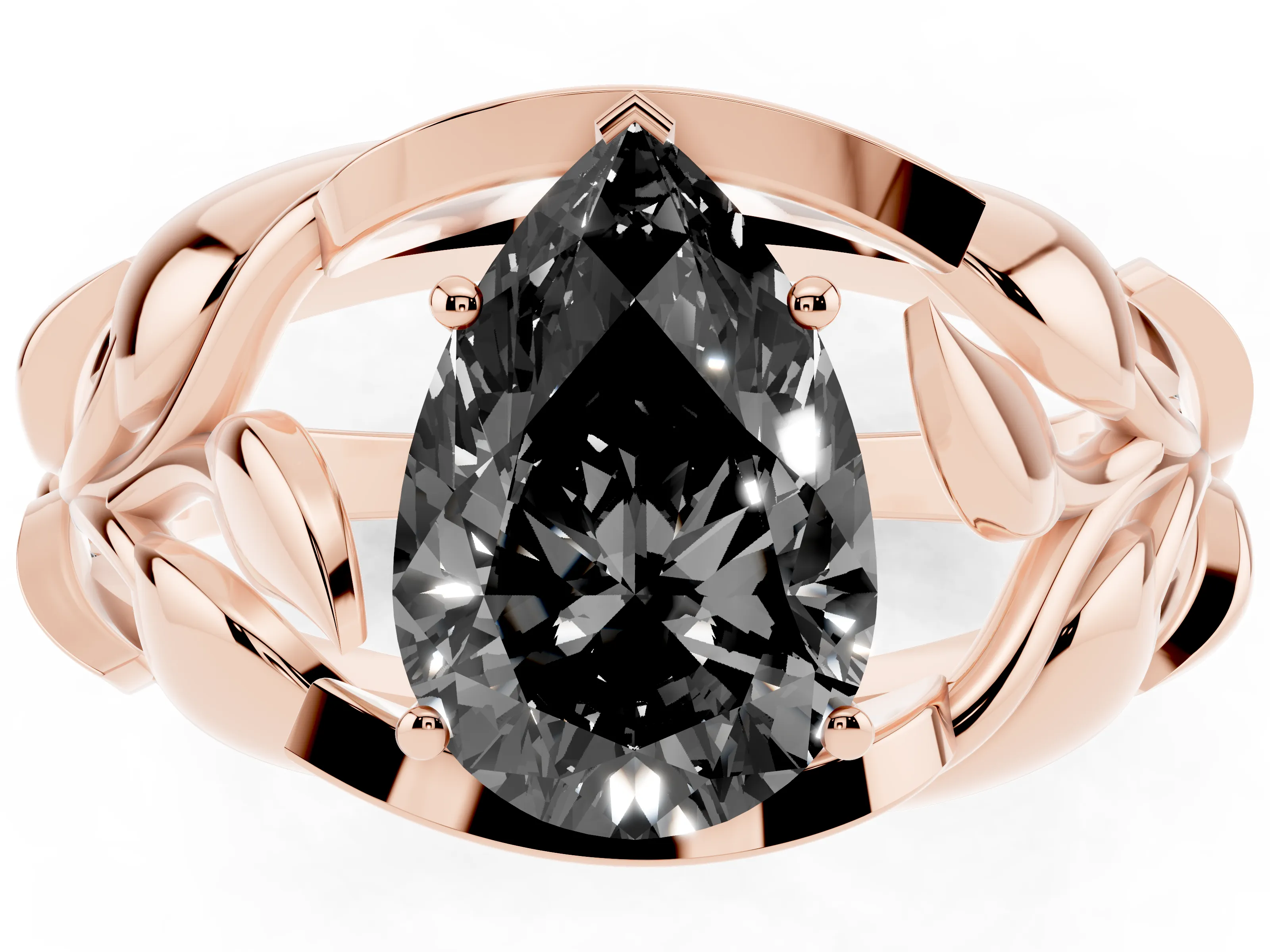 Fancy Black Pear Cut Diamond Leaf-Inspired Engagement Ring Set in Rose gold with Round Accents