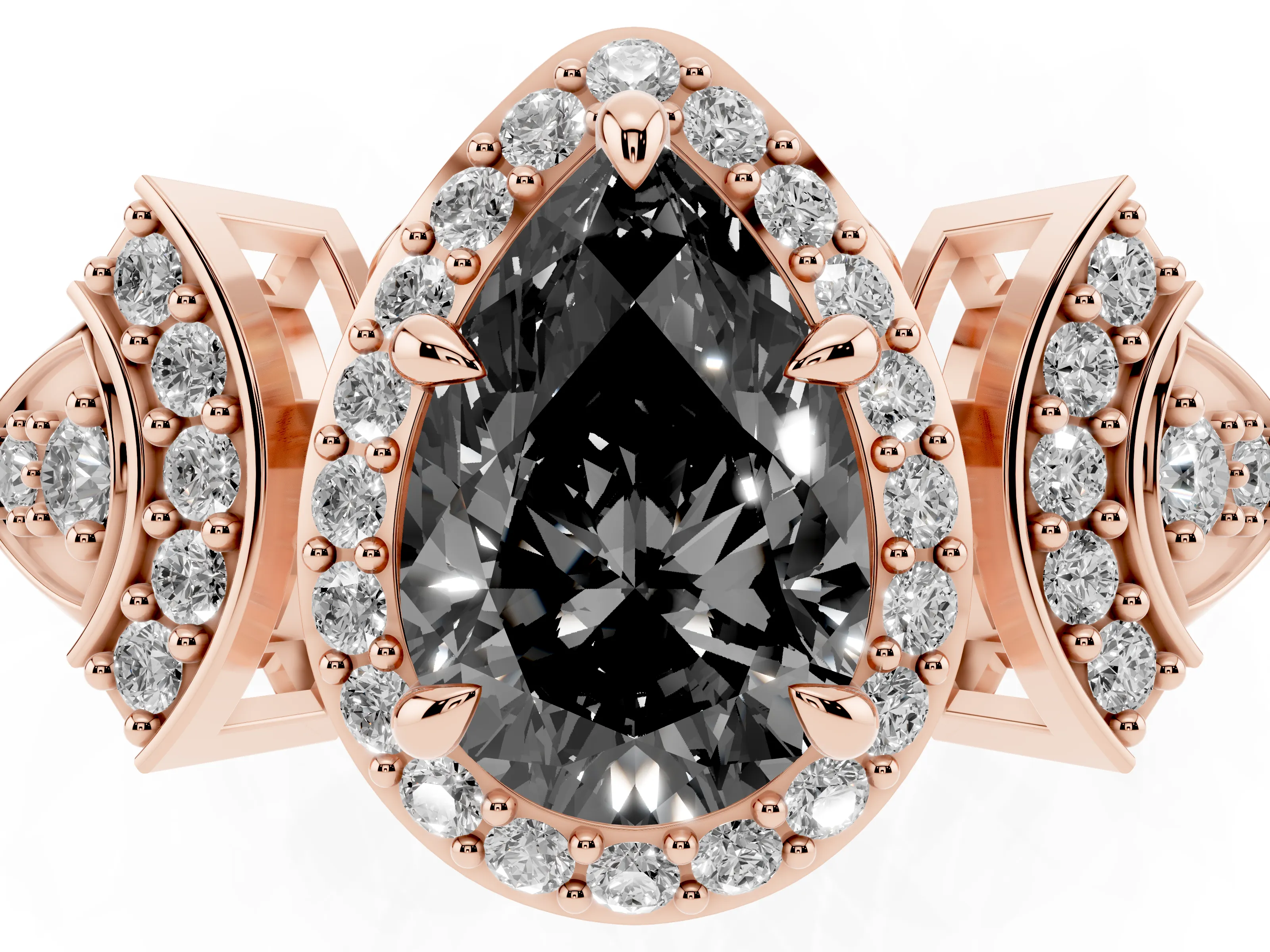 Fancy Black Pear Cut Diamond Halo Engagement Ring Set in Rose gold with Accent Stone Split Shank