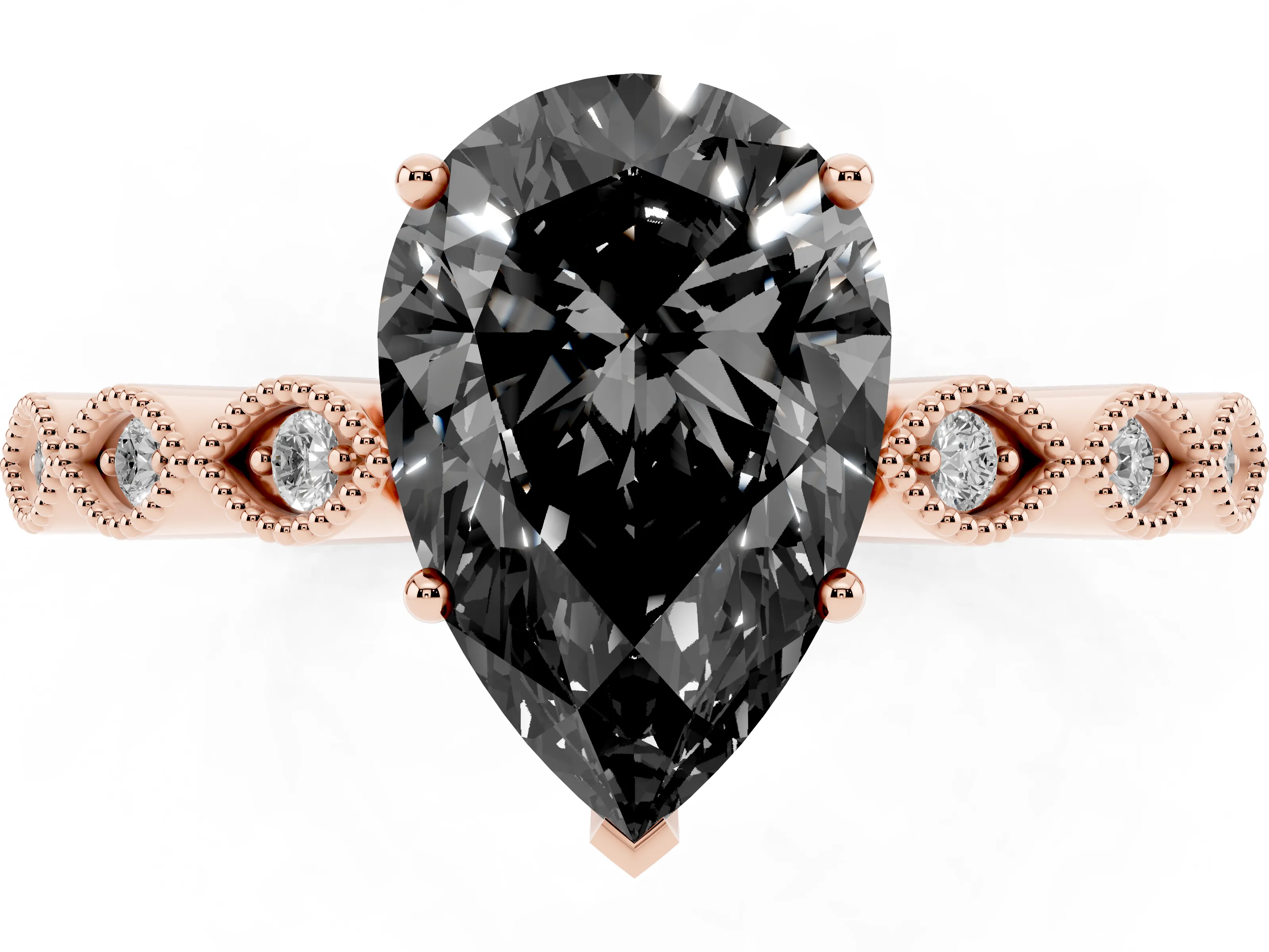 Fancy Black Pear Cut Diamond Solitaire Ring Set in Rose gold with Infinity Twist Pavé Band