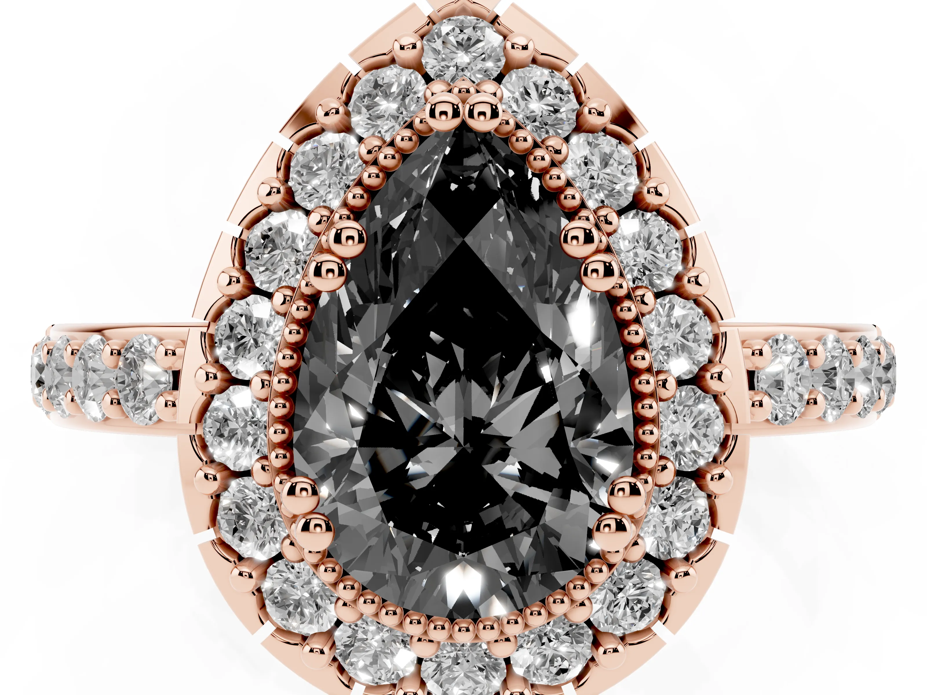 Fancy Black Pear Cut Diamond Halo Ring Set in Rose gold with Pavé Shank and Prong Setting