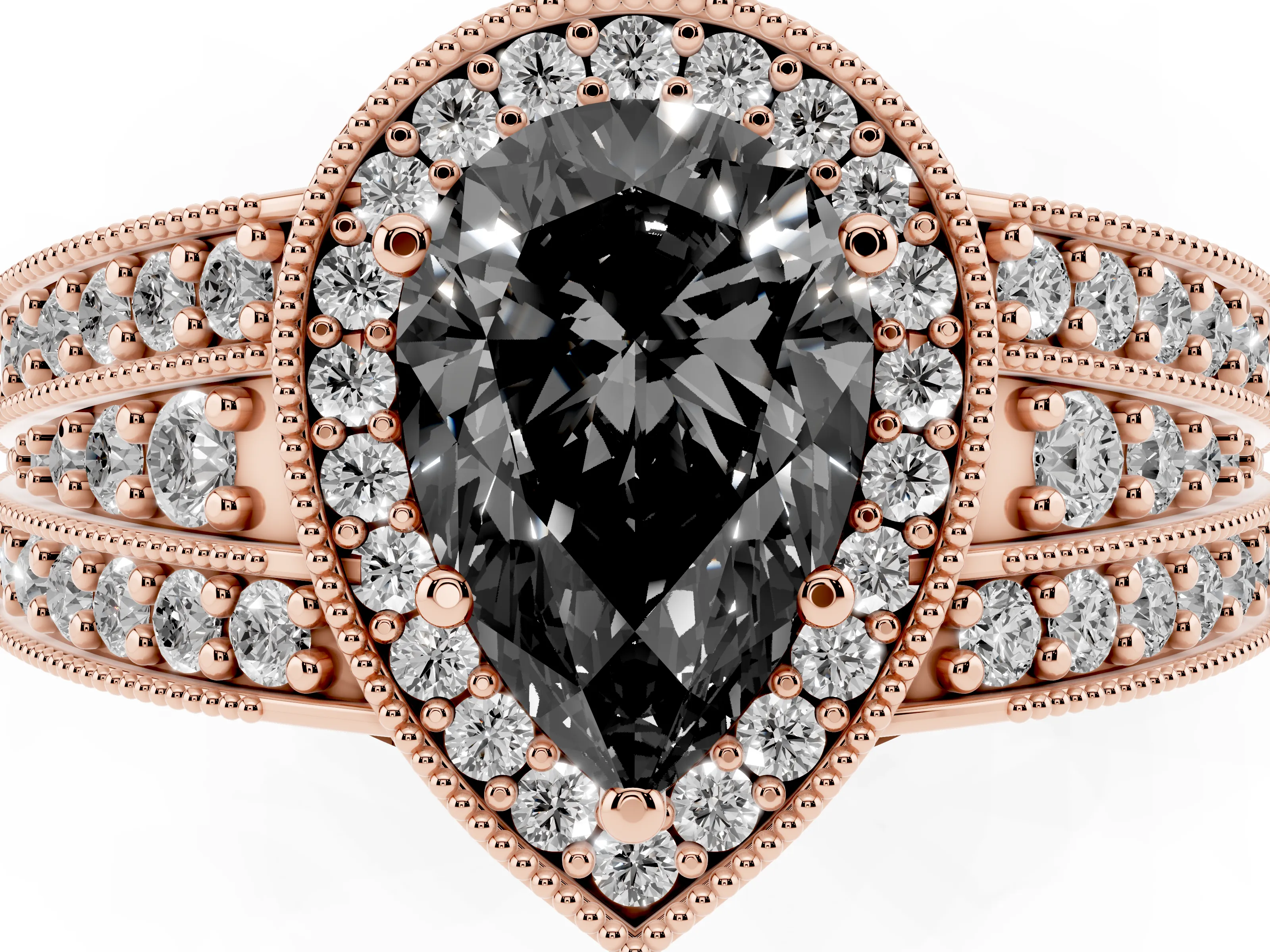 Fancy Black Pear Cut Diamond Halo Ring Set in Rose gold with Accent Split Shank and Prong Setting