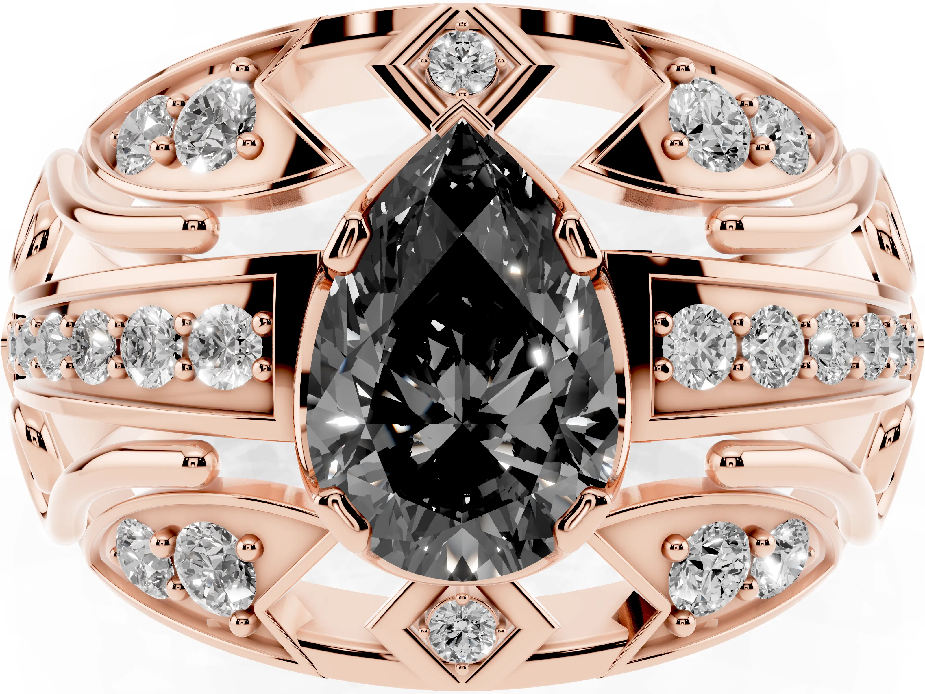 Fancy Black Pear Cut Diamond Art Deco Ring Set in Rose gold with Pavé Split Shank
