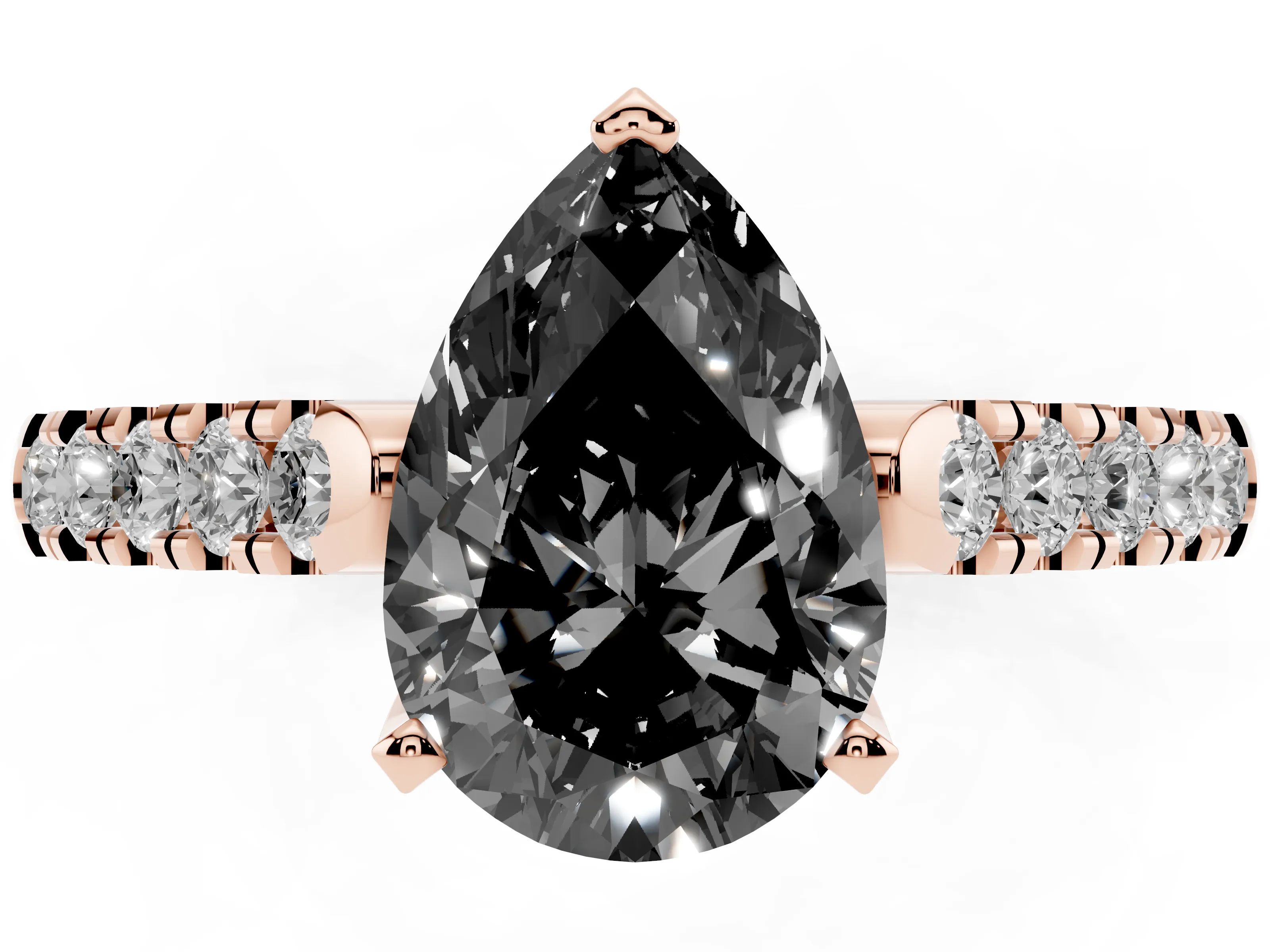 Fancy Black Pear Cut Diamond Pavé Band Solitaire Ring Set in Rose gold with Partway Accent Stones and Prong Setting