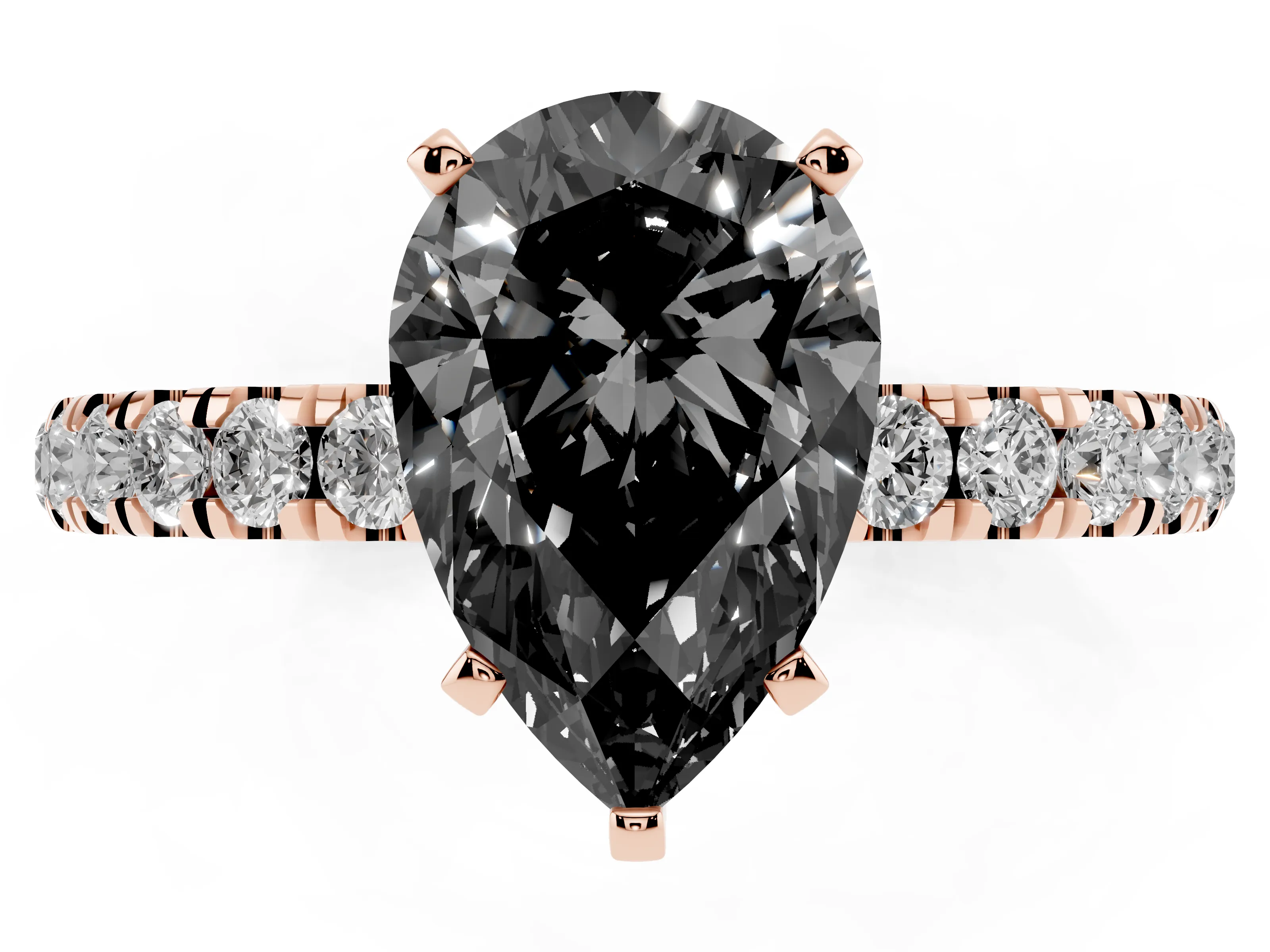 Fancy Black Pear Cut Diamond Solitaire Ring Set in Rose gold with Pavé Accents and Prong Setting