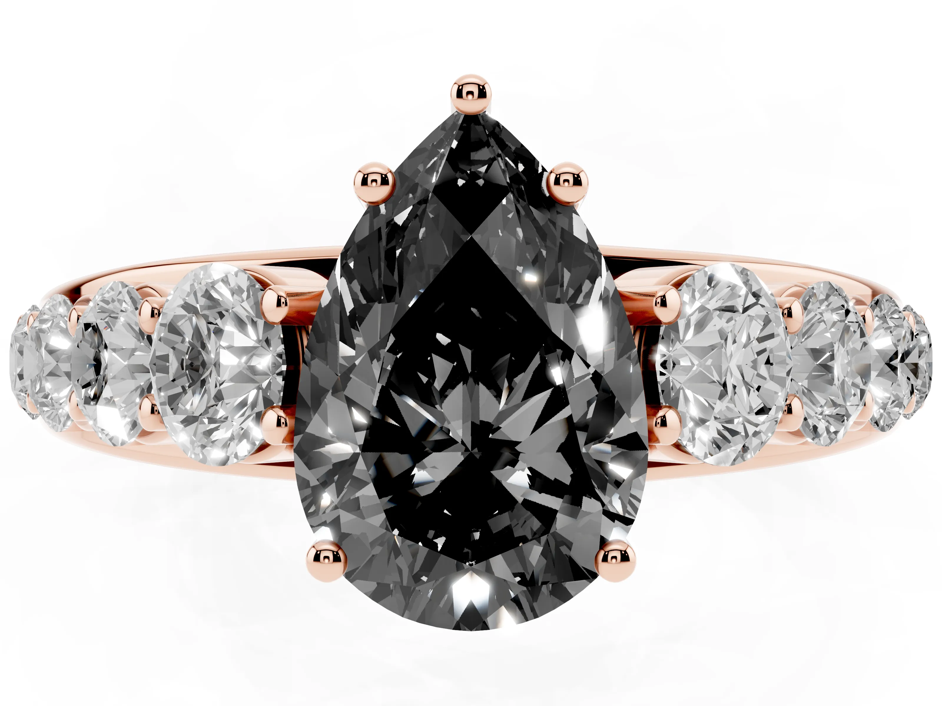 Fancy Black Pear Cut Diamond Solitaire Ring Set in Rose gold with Pavé-Set Band and Prong Setting